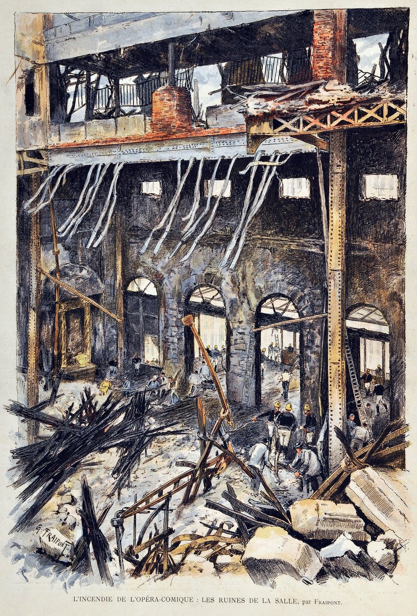 Az Opera Comique (Opera-Comique) tüze Párizsban 1887. május 25-én Ambroise Thomas „Mignon” első felvonásának előadása közben. A belső romok. Illusztráció: Gustave Fraipont (1849-1923) 1887-es metszet a „” Paris-Illustrous Journal hetilapban””. alkotó: Gustave Fraipont