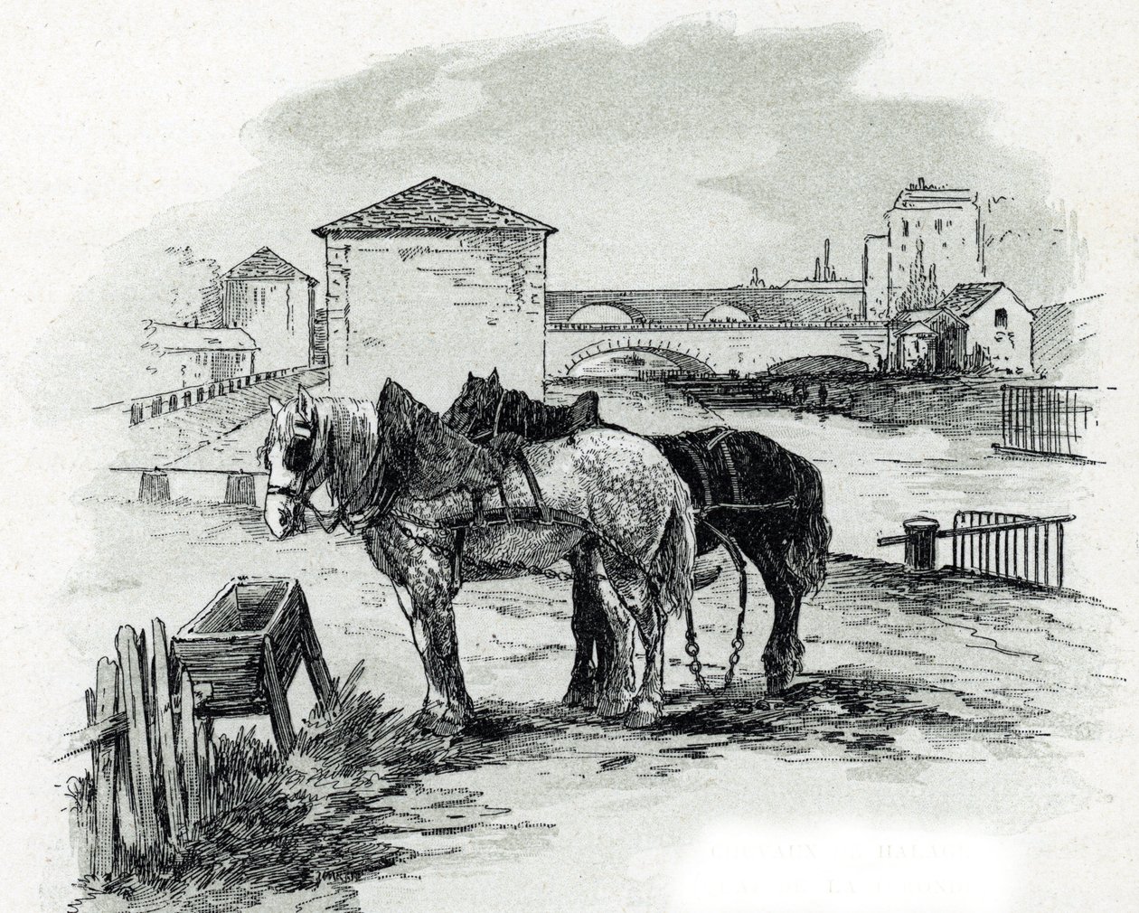 Horses de haulage, quai de la Gironde, Villette (A canal saint-denis, quai de la gironde, Villette Paris hajóinak vontatására használt lovak) Gustave Fraipont (1849-1923) rajza Saint-Juirs-ból alkotó: Gustave Fraipont