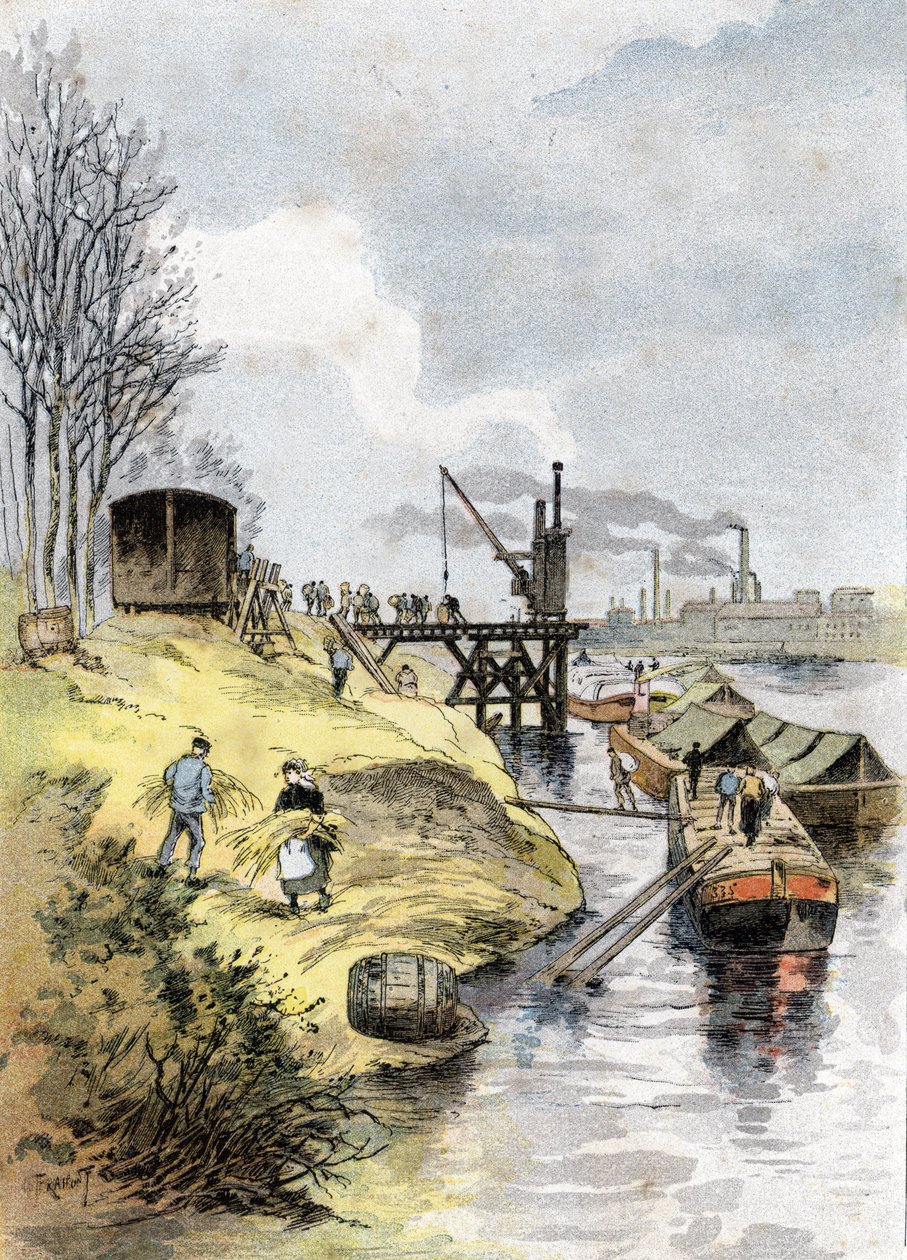 Dockerek almát töltenek az autókban a quai de Bercy-n, Párizs Gustave Fraipont (1849-1923) rajza Saint-Juirs „La seine a travers Paris” című művéből merít alkotó: Gustave Fraipont