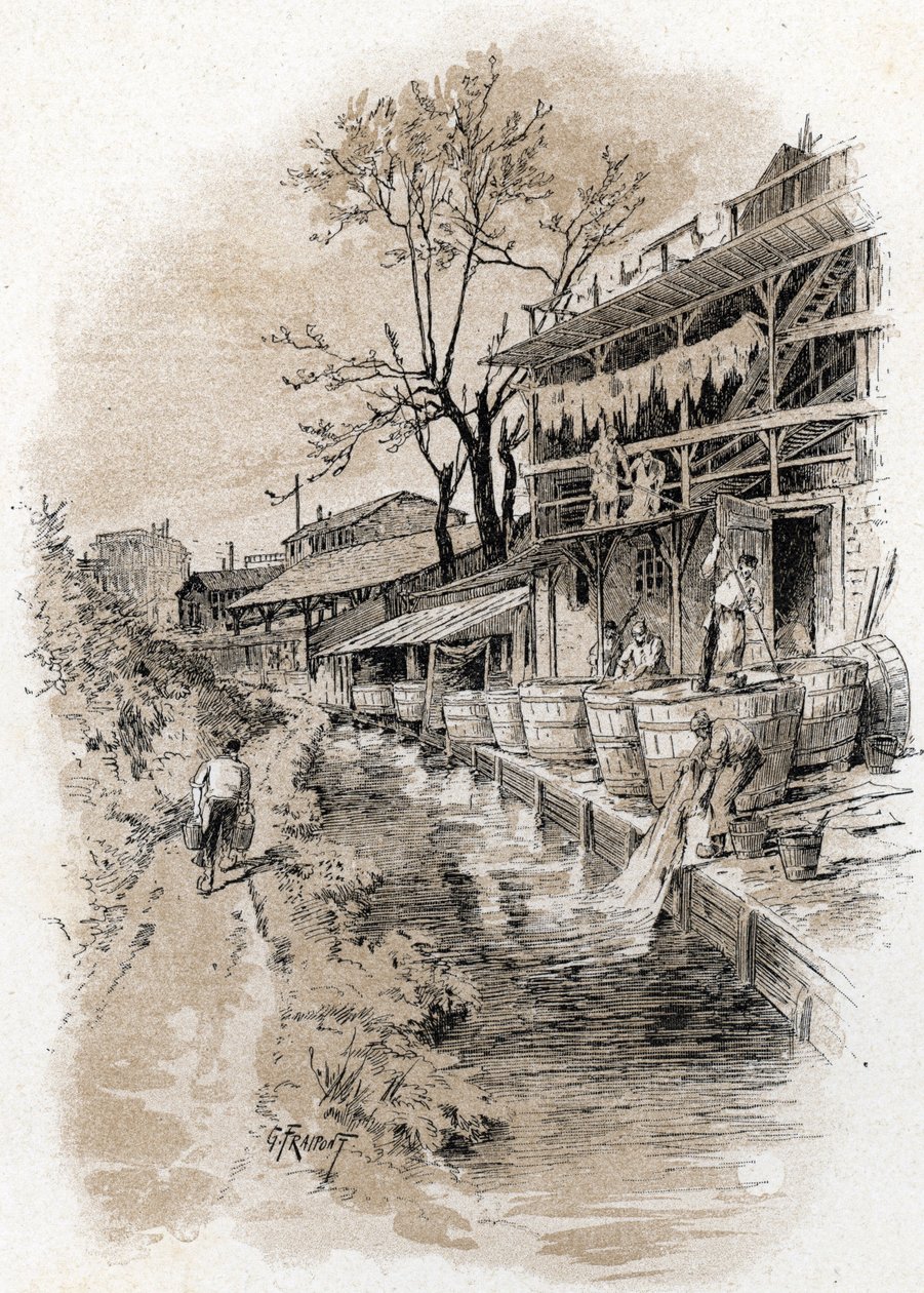 Megisseries a rue du pot-au-lait-ban a Pete Gentilly kerületben, a párizsi Bievre partján (Kilátás a Bievre folyóra és bőrárusító standok a Pete Gentilly kerületben, Párizs) Gustave Fraipont rajza ( 1849 -1923) Sainból alkotó: Gustave Fraipont