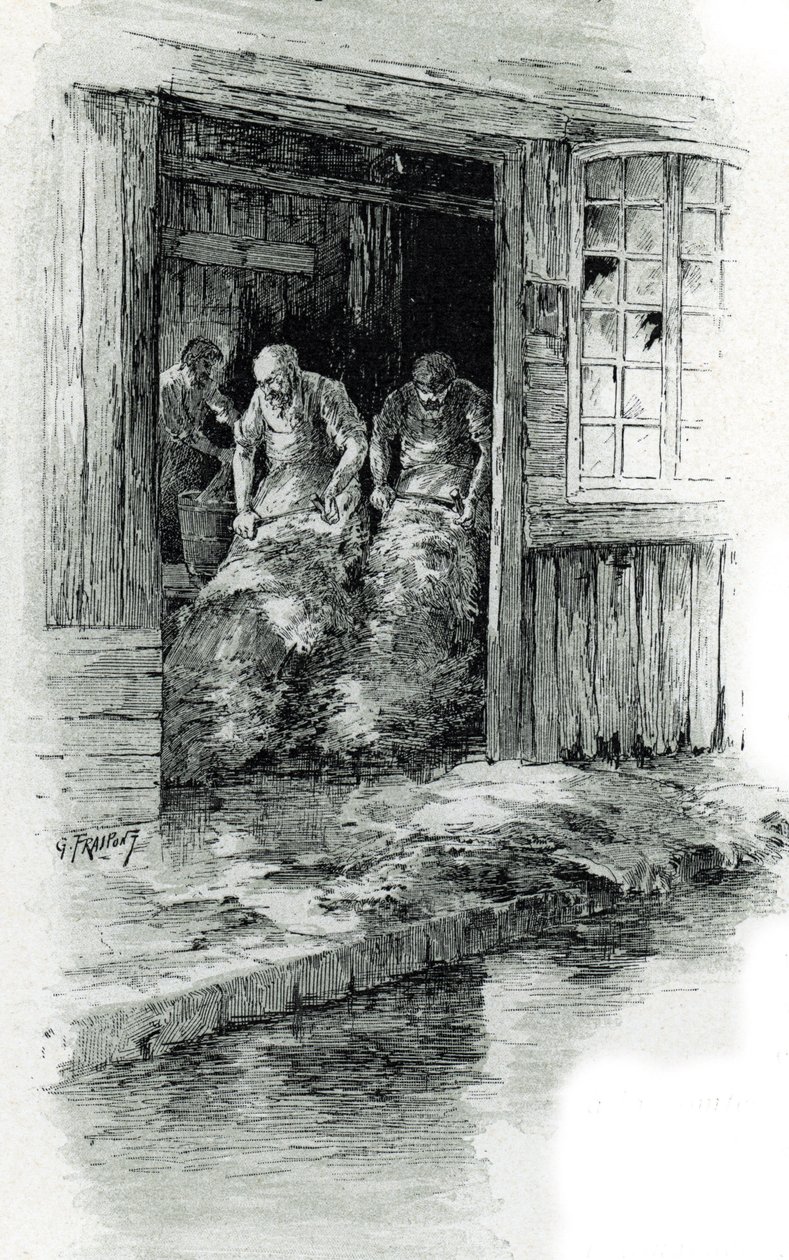 Megissiers de la rue des gobelins Párizsban (Tímárok bőrrel és állatbőrökkel dolgoznak a rue des Gobelins-en, Párizs) Gustave Frainpont (1849-1923) rajza Saint-Juirs „La seine a travers Paris” című művéből merít alkotó: Gustave Fraipont