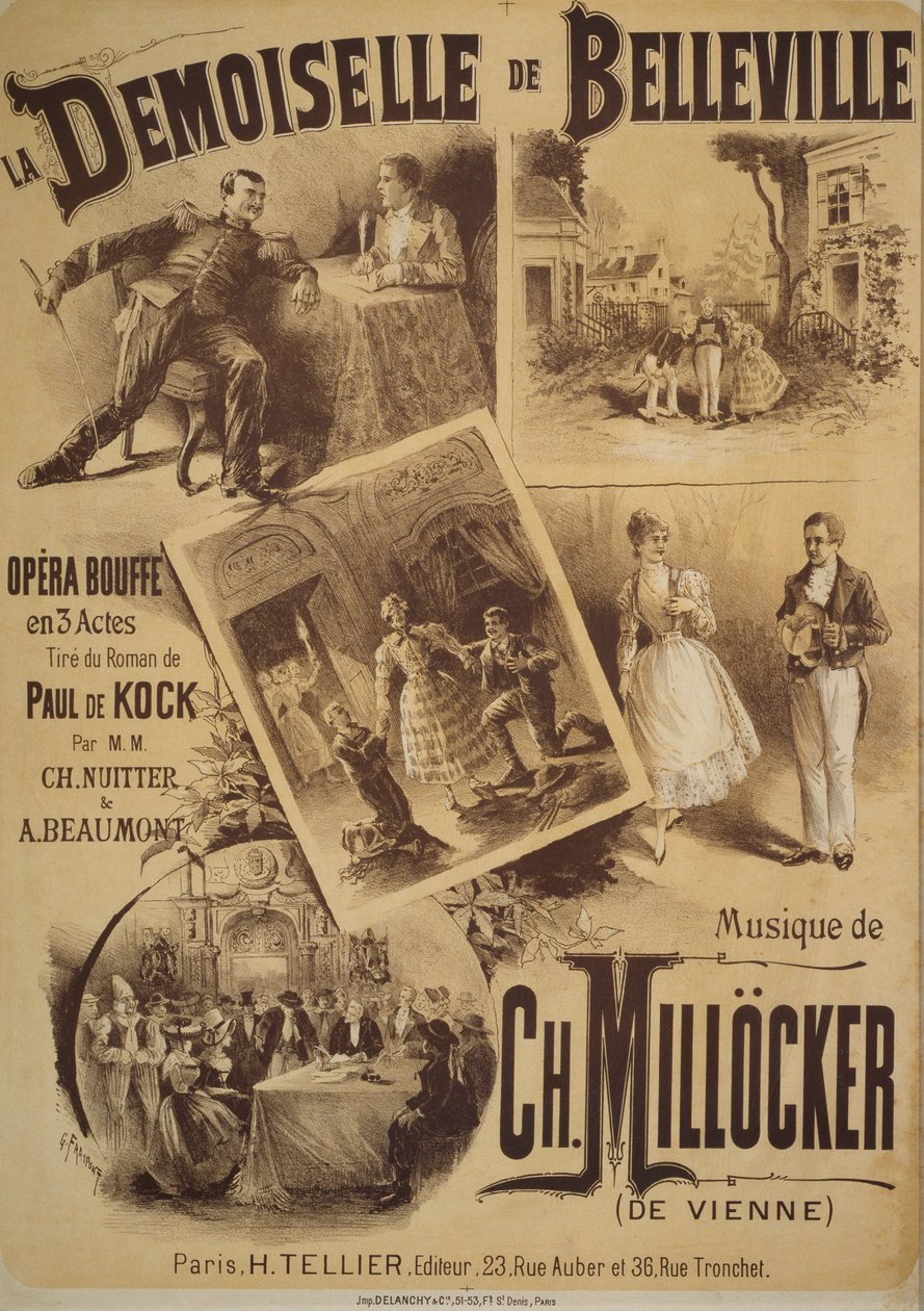 A La Demoiselle de Belleville plakátja, komikus opera, Charles Nuitter és Alexandre Beaumont librettója, Karl Millocker zenéje, Gustave Fraipont rajza, Tellier kiadó, Párizs alkotó: Gustave Fraipont