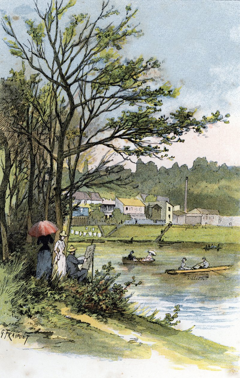 Vasárnapi babakocsik a szajnán Bas-Meudonban (Meudon-sur-Seine) Gustave Fraipont (1849-1923) rajza Saint-Juirs-ból alkotó: Gustave Fraipont