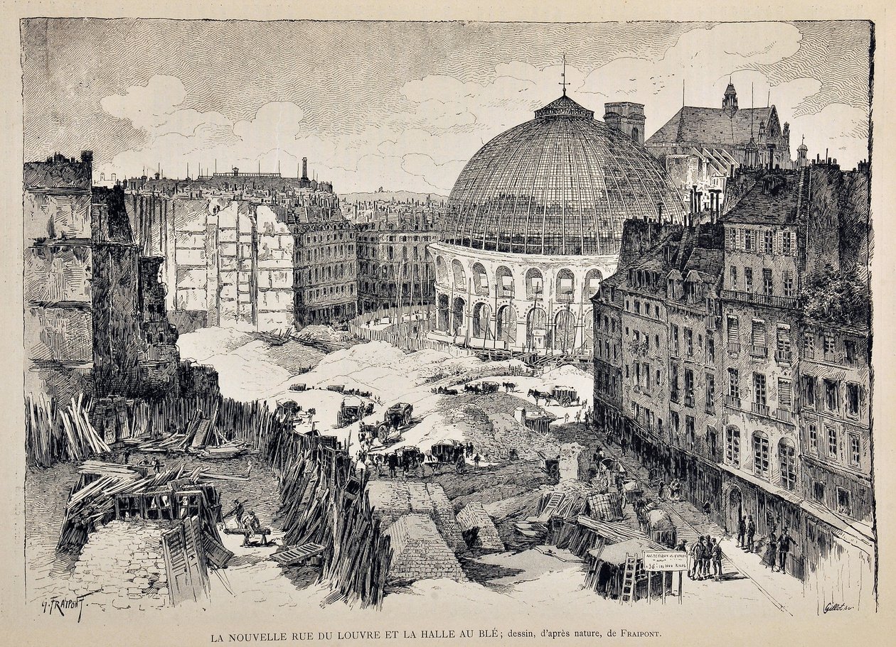 Az új Rue du Louvre és a Halle au Ble Párizsban 1887-ben. Gustave Fraipont (1849 - 1923) illusztrációja. Metszet 1887-ből a „” Paris-Illustrous folyóirat hetilapjában”. alkotó: Gustave Fraipont