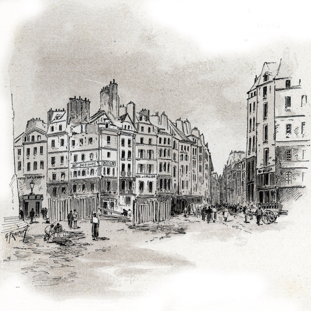 Kilátás a Maubert térre, Párizs Gustave Fraipont (1849-1923) rajza Saint-Juirs „La seine a travers Paris” című művéből merít alkotó: Gustave Fraipont