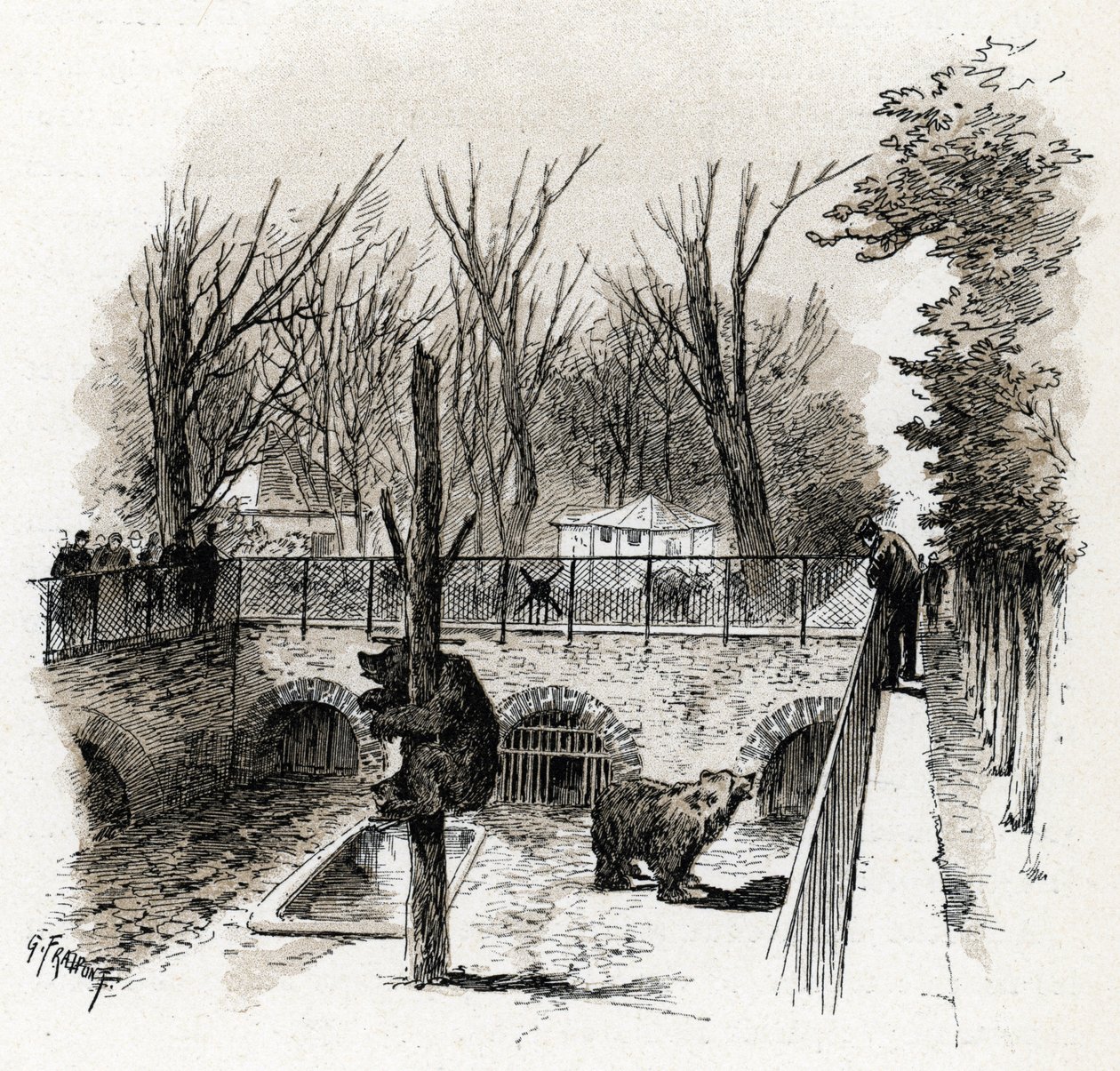 Kilátás a medvegödörre a Zoo du Jardin des Plantesben, Párizs Gustave Fraipont (1849-1923) rajza Saint-Juirs „La seine a travers Paris” című művéből merít alkotó: Gustave Fraipont