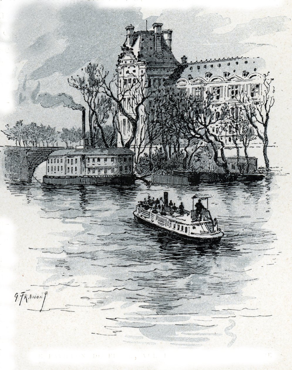 Kilátás a Pavillon de Flore-re, Palais du Louvre-ra, a Quai Voltaire-ből, Párizs (A Louvre-palota Pavillon de Flore részlege a quai Voltaire-ből, Párizs) Gustave Fraipont (1849-1923) rajza Saint-Juirs-ból alkotó: Gustave Fraipont
