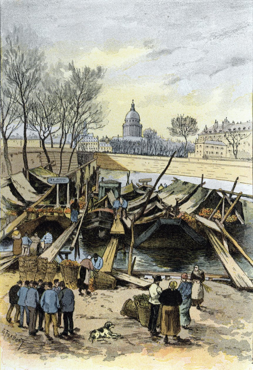 Kilátás az almapiacra uszályokon a Szajna folyón, a Hotel de Ville közelében, Párizs Gustave Fraipont (1849-1923) rajza Saint-Jurs-ból alkotó: Gustave Fraipont
