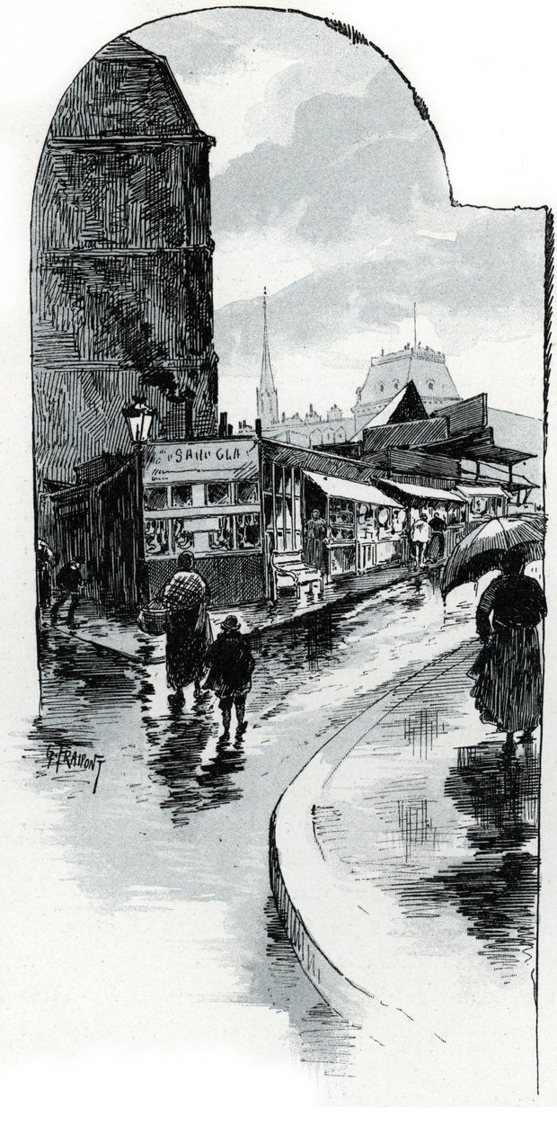 Brocanteurs nézet a párizsi rue de la bucherie sarkán (Használtcikk boltok a rue de la Bucherie-n, Párizs) Gustave Fraipont (1849-1923) rajza Saint-La seine a travers Paris-ból merít Juirs alkotó: Gustave Fraipont