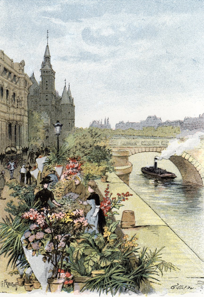 Kilátás a virágpiacra, Ile de la Cite, Párizs Gustave Fraipont (1849-1923) rajza Saint-Juirs-ból alkotó: Gustave Fraipont