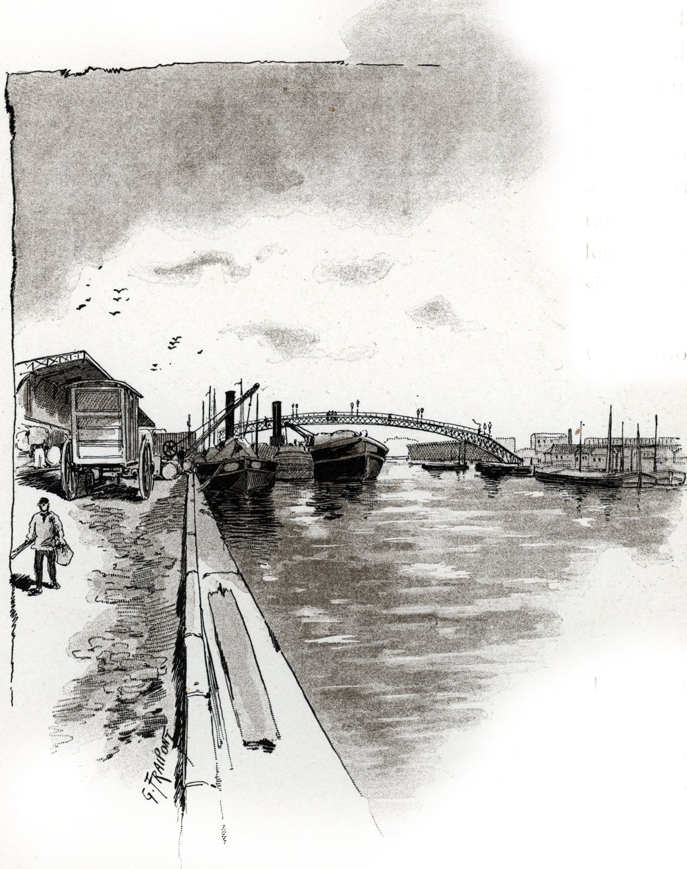 Kilátás a Canal de la Villette gyaloghídjára, Párizs (A Canal de la Villette gyaloghídja, Párizs) Gustave Fraipont (1849-1923) rajza Saint-Juirs „La seine a travers Paris” című művéből merít alkotó: Gustave Fraipont