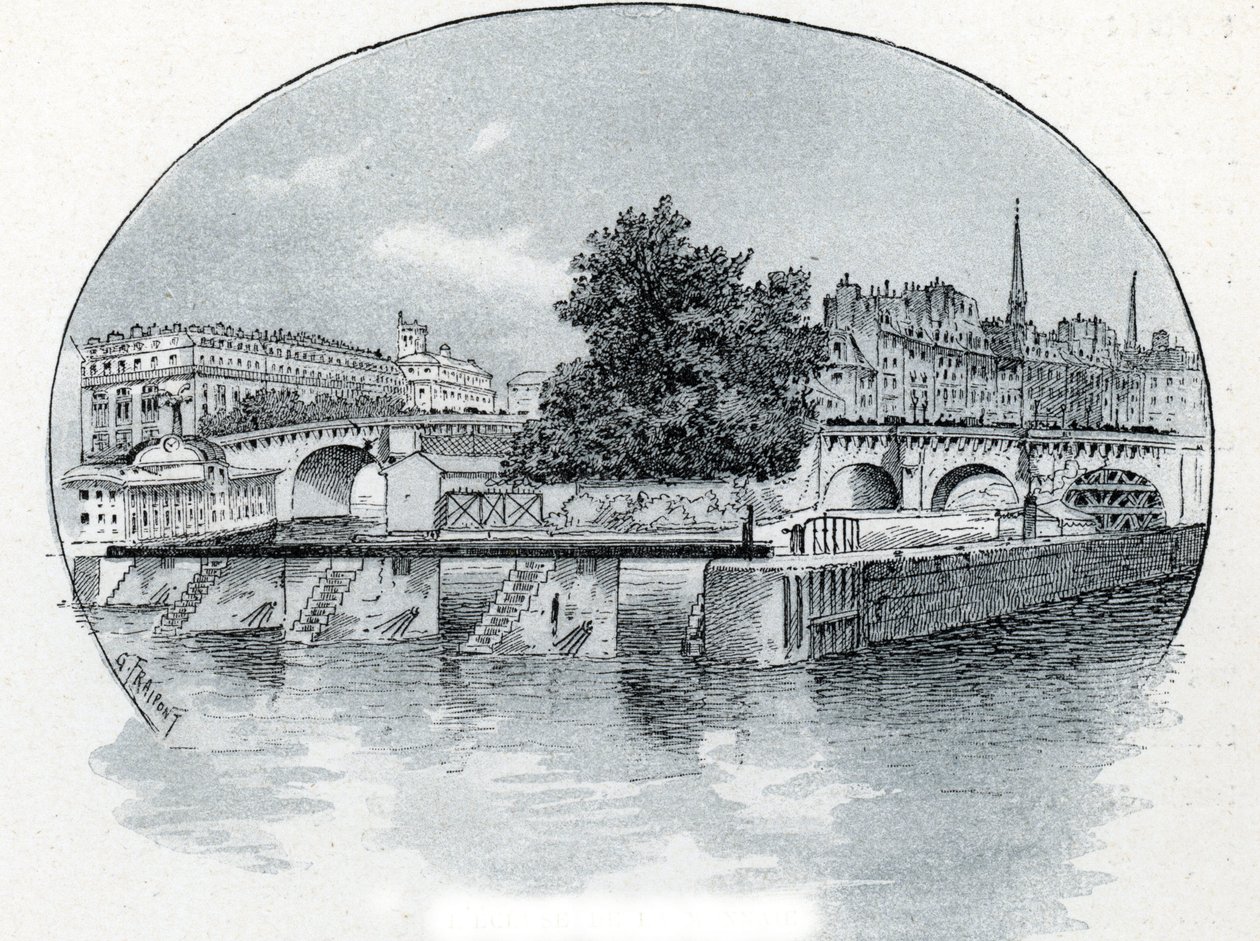 Kilátás a Monnaie zsilipjére, a párizsi Hotel des Monnaie előtt Gustave Fraipont (1849-1923) rajza Saint-Juirs „La seine a travers Paris” című művéből. alkotó: Gustave Fraipont