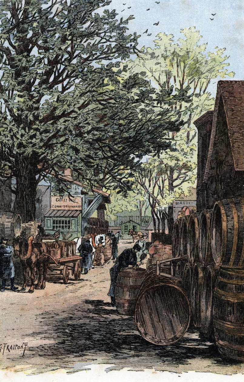 A Rue Laroche, Bercy, Párizs új raktárának képe A rue Laroche borraktárai Bercyben, Párizs) Gustave Fraipont (1849-1923) rajza Saint-Jurs „La seine a travers Paris” című rajzából alkotó: Gustave Fraipont