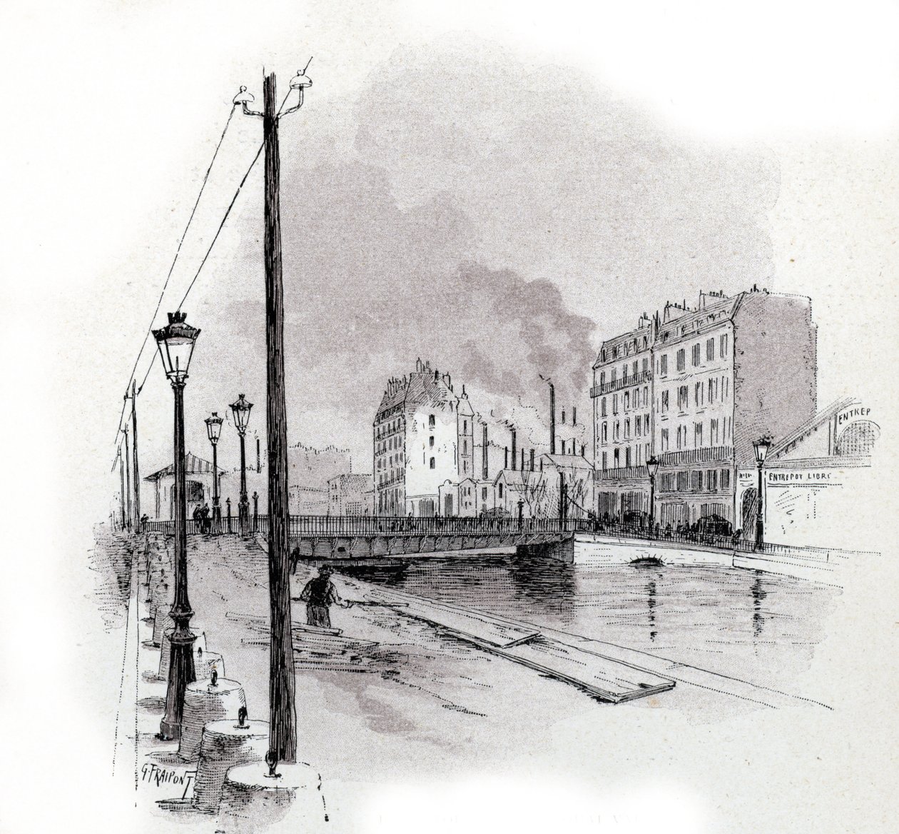 Kilátás a quai de Valmy lengőhídjára a Saint Martin csatornán, Párizs Gustave Fraipont (1849-1923) rajza Saint-Jurs-ból alkotó: Gustave Fraipont