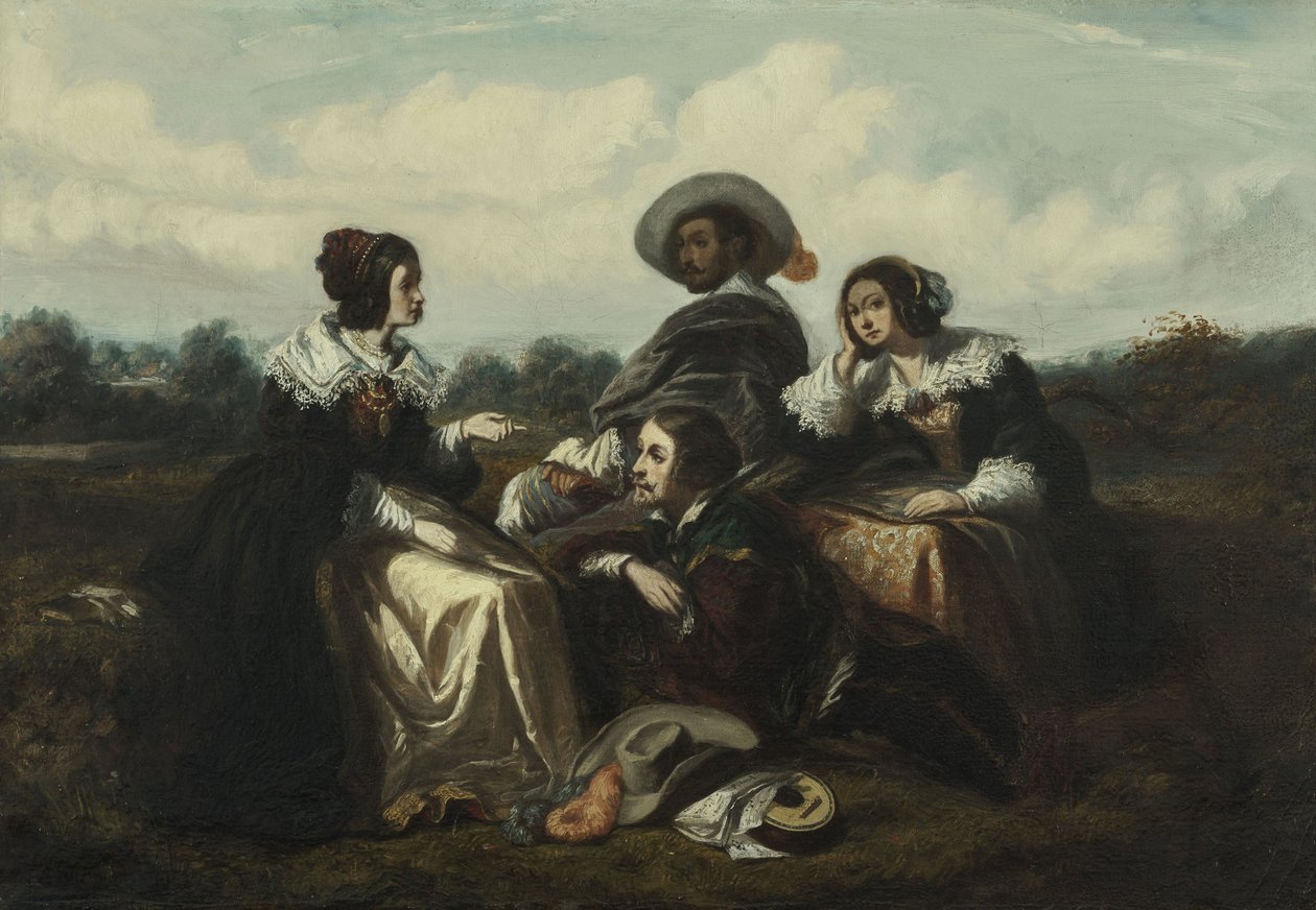 A történet. Figurák XIII. Lajos jelmezében, 1830 körül (olaj) alkotó: Gustave François Morin