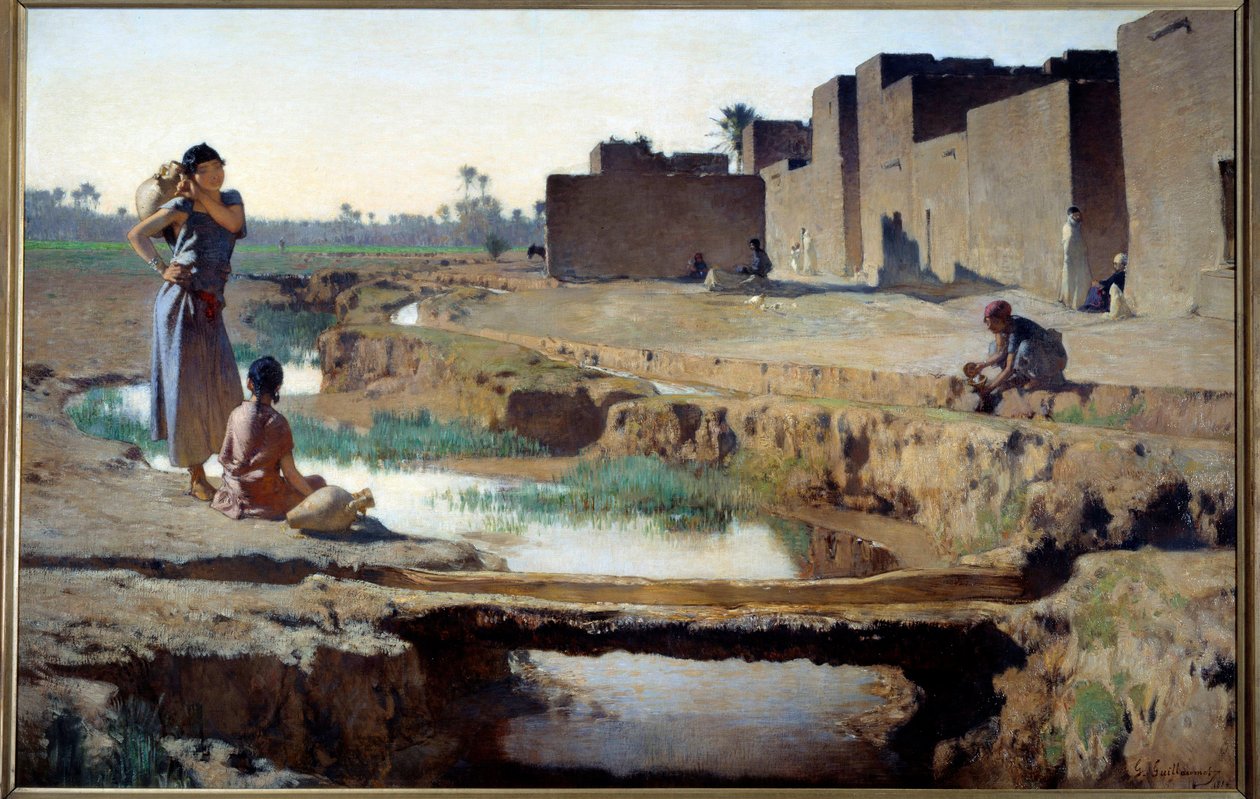 Orientalizmus: "" La Seguia Biskra közelében""" Nő és gyermek vizet vesz a folyónál az algériai sivatag egyik oázisában. Gustave Achille Guillaumet (1840-1887) festménye 1884 V. 1x1,5 m Párizs, Muse d