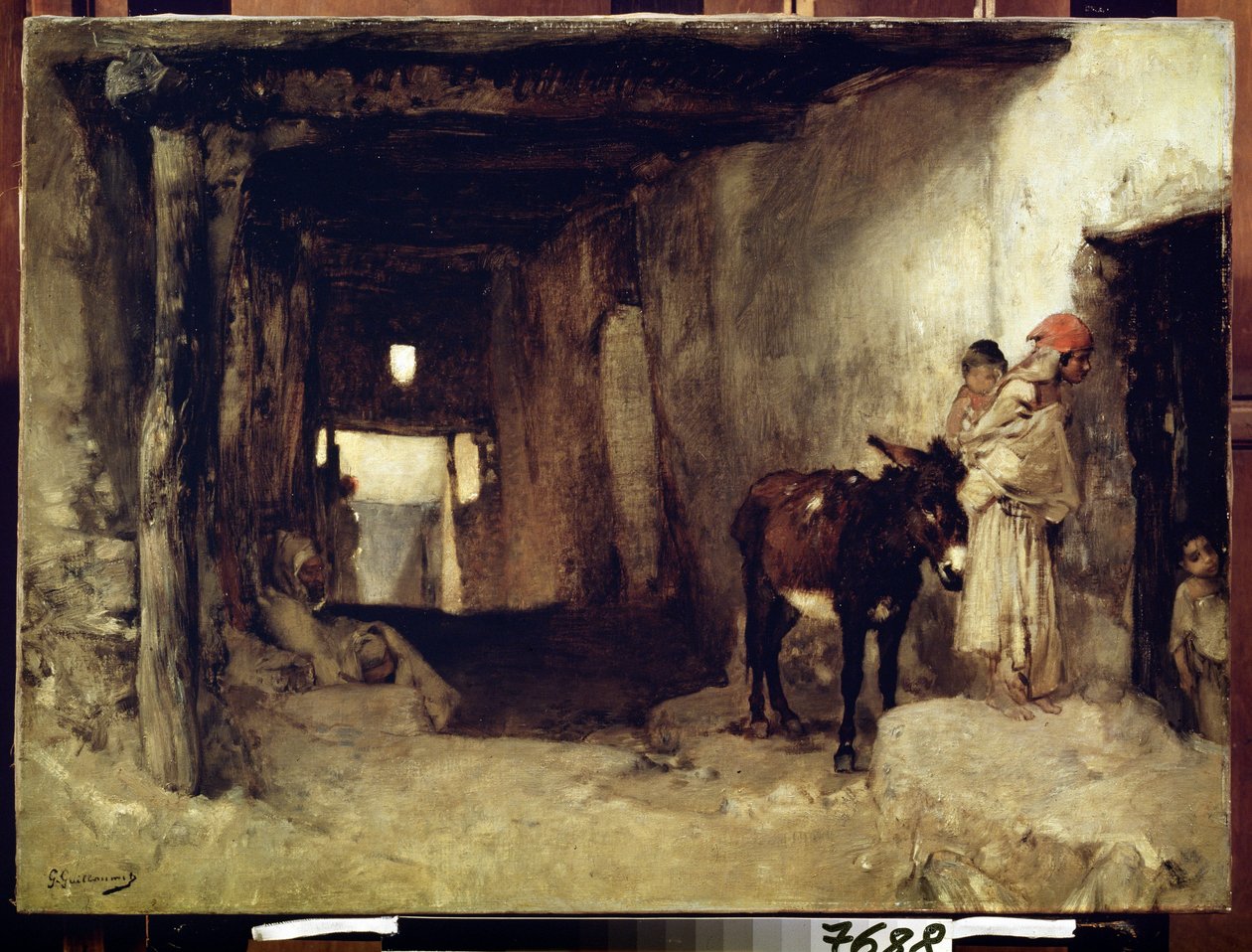 Orientalizmus: ""A house in the Sahara"" (A House in the Sahara) Egy nő és gyermeke egy szamár kíséretében. Gustave Guillaumet (1840-1887) festménye 1880 körül Puskin Múzeum, Moszkva alkotó: Gustave Guillaumet