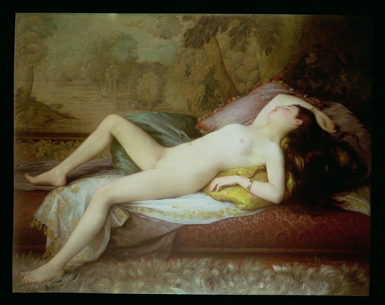 Akt heverőn fekvő (olaj, vászon) alkotó: Gustave Henri Eugene Delhumeau