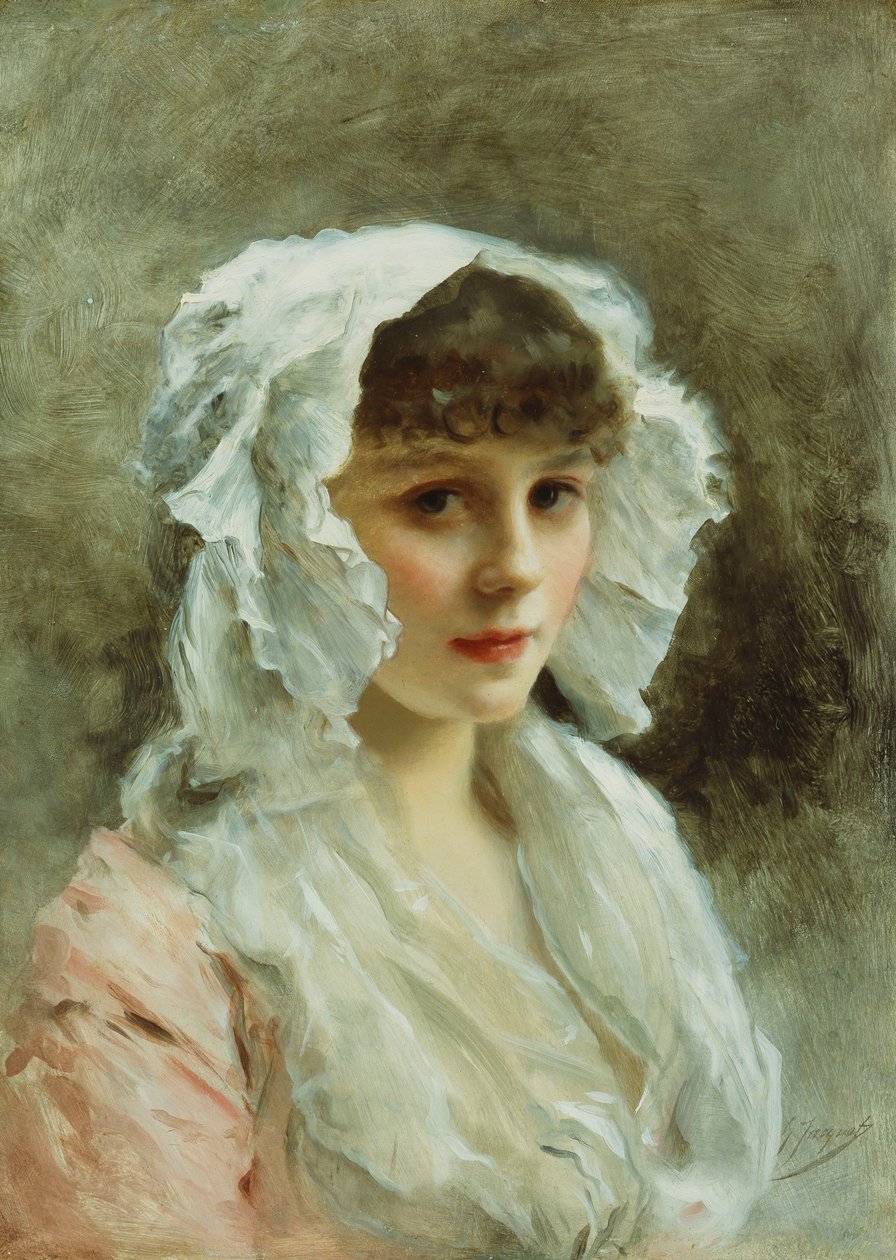 Fehér motorháztetős hölgy portréja, alkotó: Gustave Jacquet