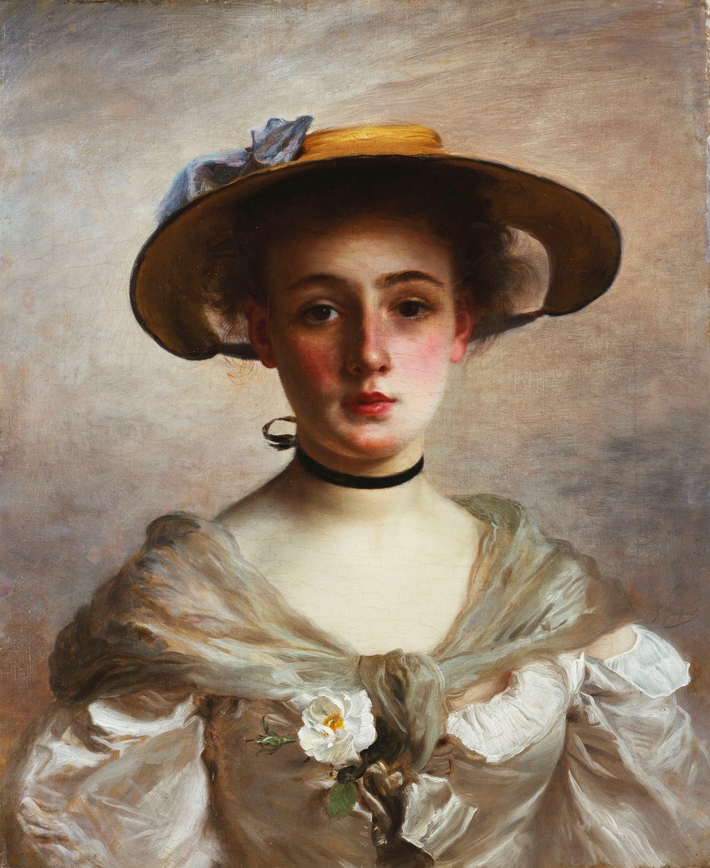 Fiatal lány portréja szalmakalapban, alkotó: Gustave Jacquet