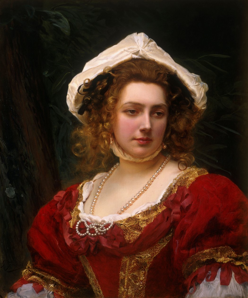 Vörös bársonyruhás elegáns hölgy portréja alkotó: Gustave Jacquet