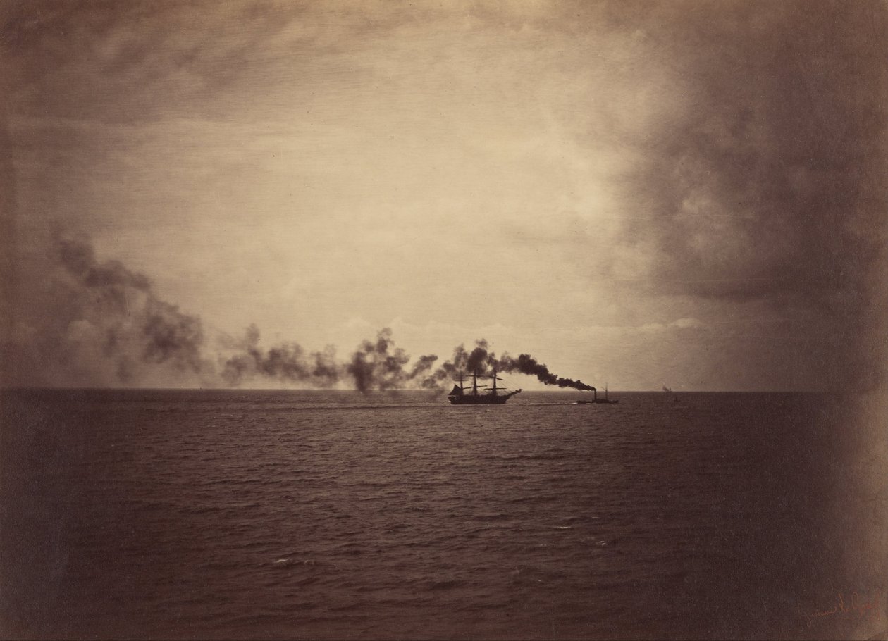 Tengeri táj vitorlás hajóval és vontatóhajóval alkotó: Gustave Le Gray