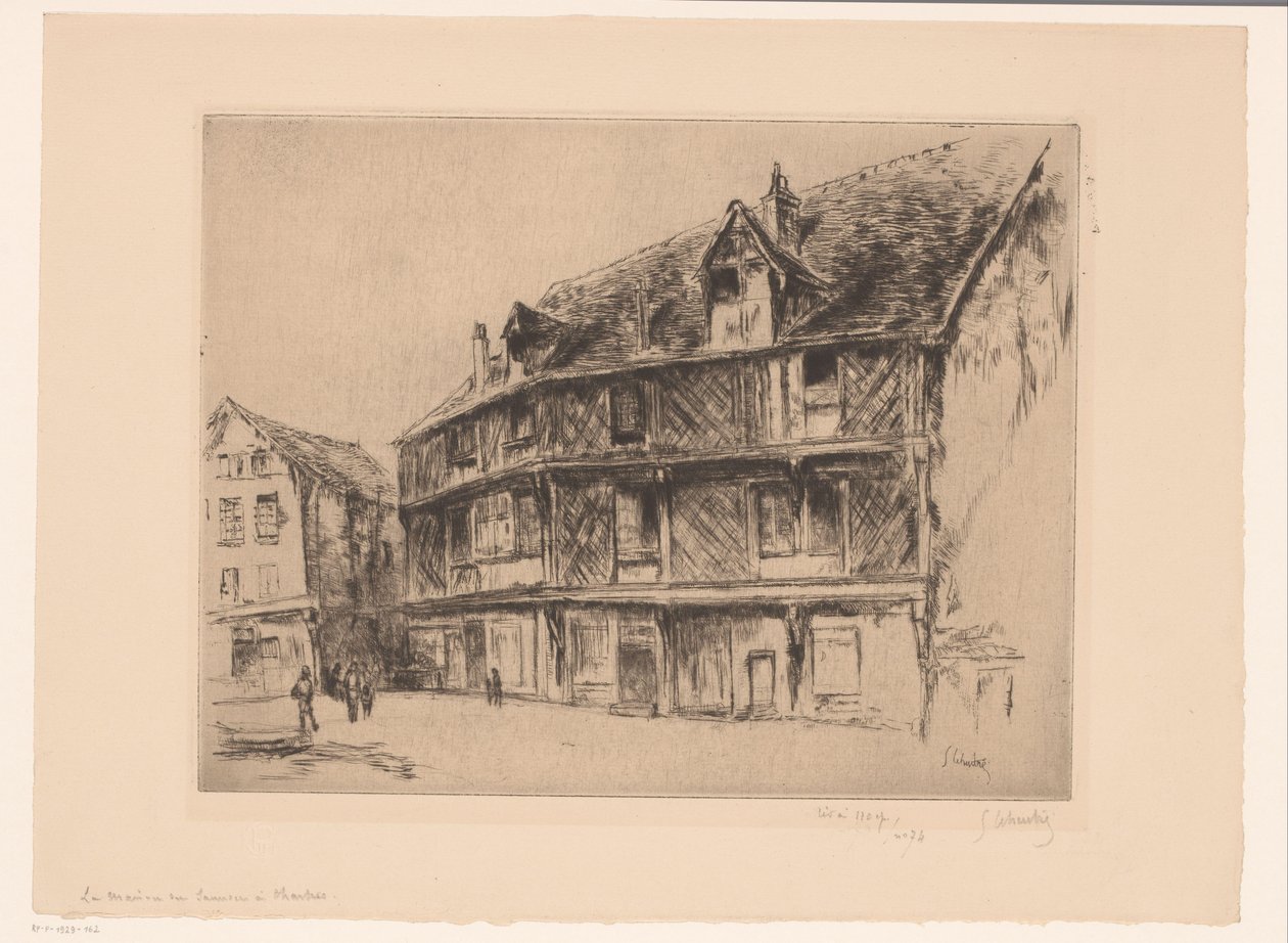Utca házakkal és sétálókkal Chartre-ban La maison du saumon (Chartres) (cím a tárgyon) alkotó: Gustave Leheutre (signed by artist)