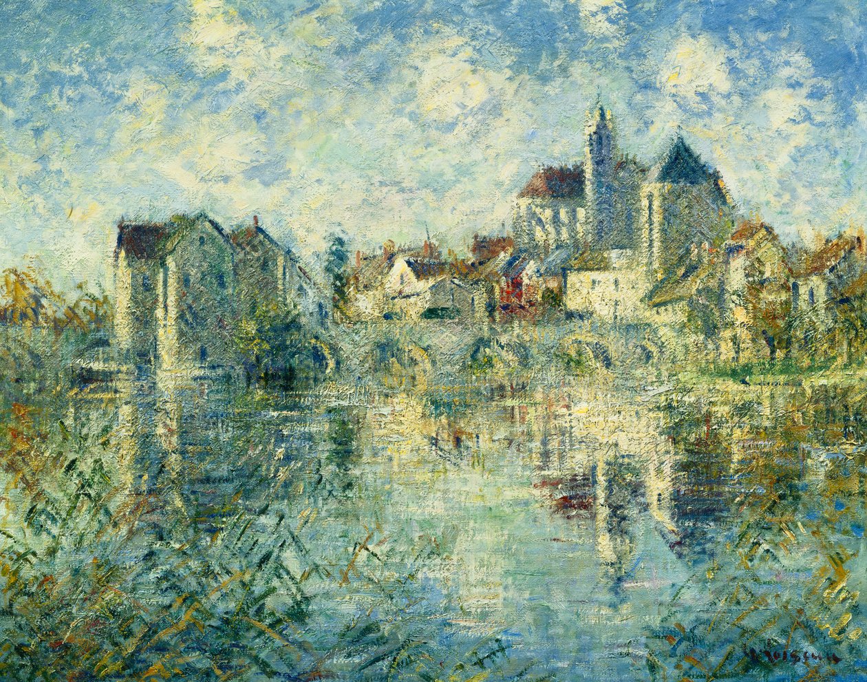 Moret-sur-Loing, a híd és a templom; Moret-sur-Loing, a híd és a templom, 1935 körül alkotó: Gustave Loiseau