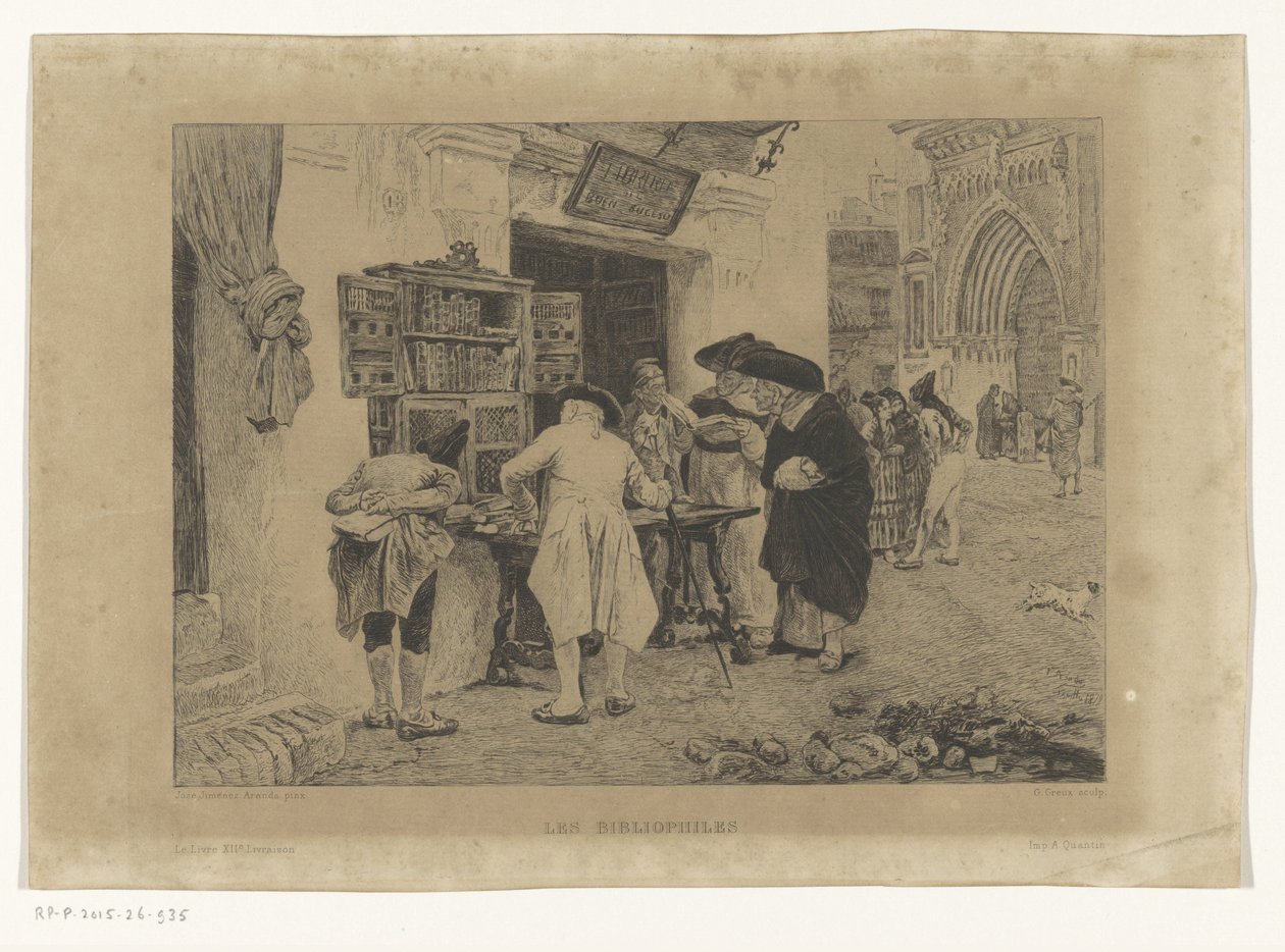 A férfiak egy könyvkereskedő kirakata körül gyűltek össze Les Bibliophiles (cím a tárgyon) alkotó: Gustave Marie Greux