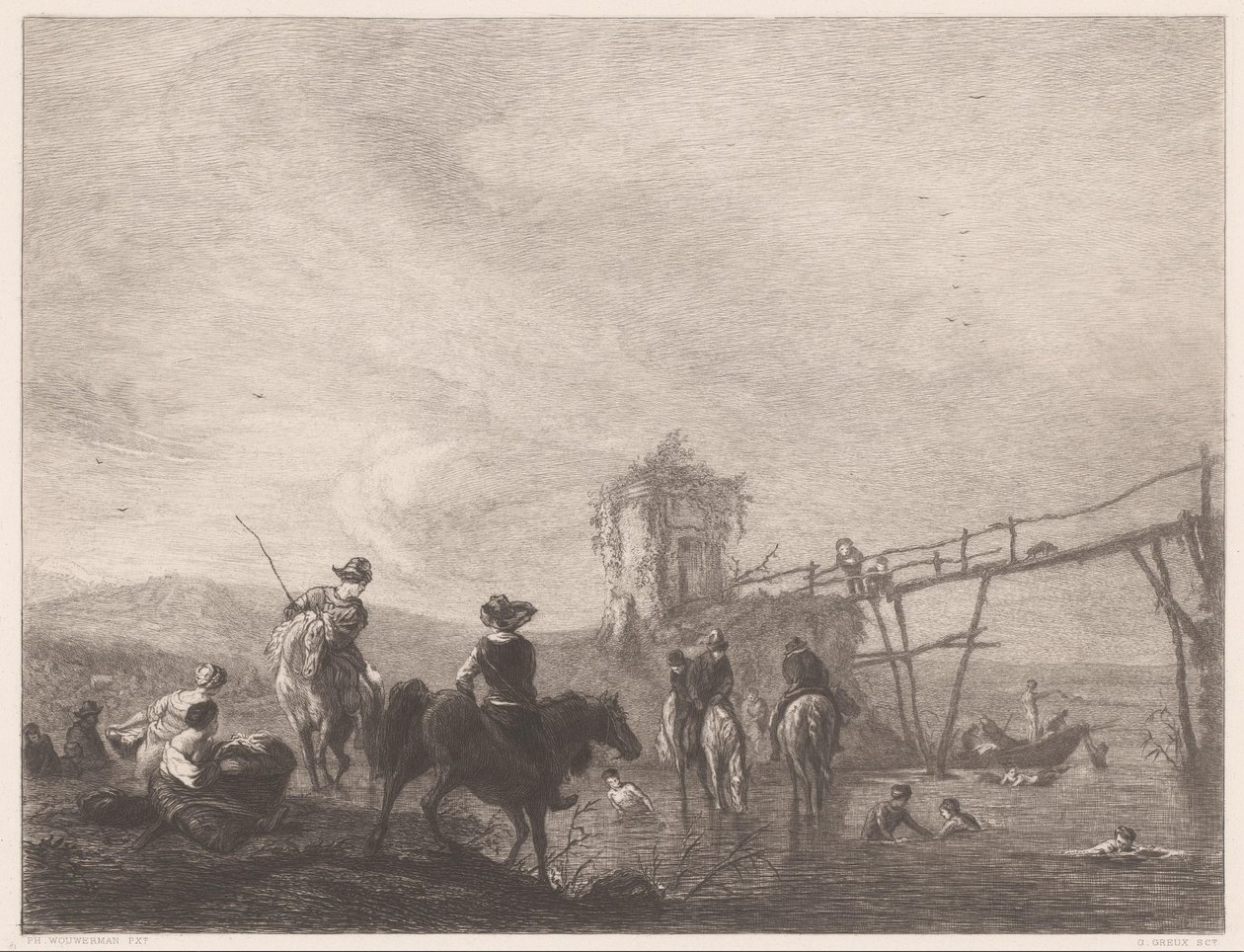 Pihenő és úszó figurák a parton Die pferdetränke (cím a tárgyon) alkotó: Gustave Marie Greux