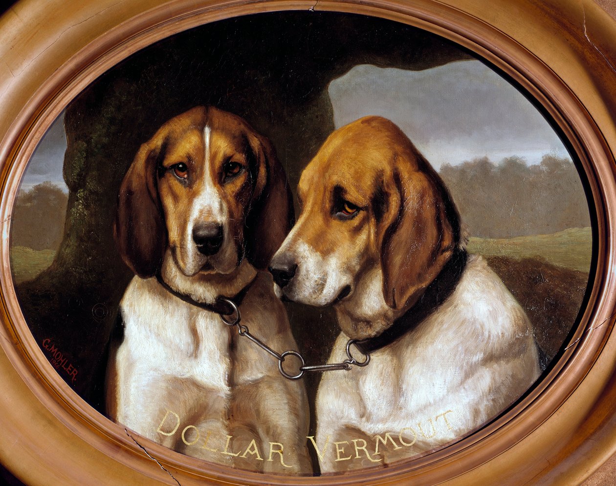 Dogs Dollar és Vermout Portrék vadászkutyákról. Gustave Mohler (1836-1920) festménye 1866 Gien, Vadászati Múzeum. alkotó: Gustave Mohler