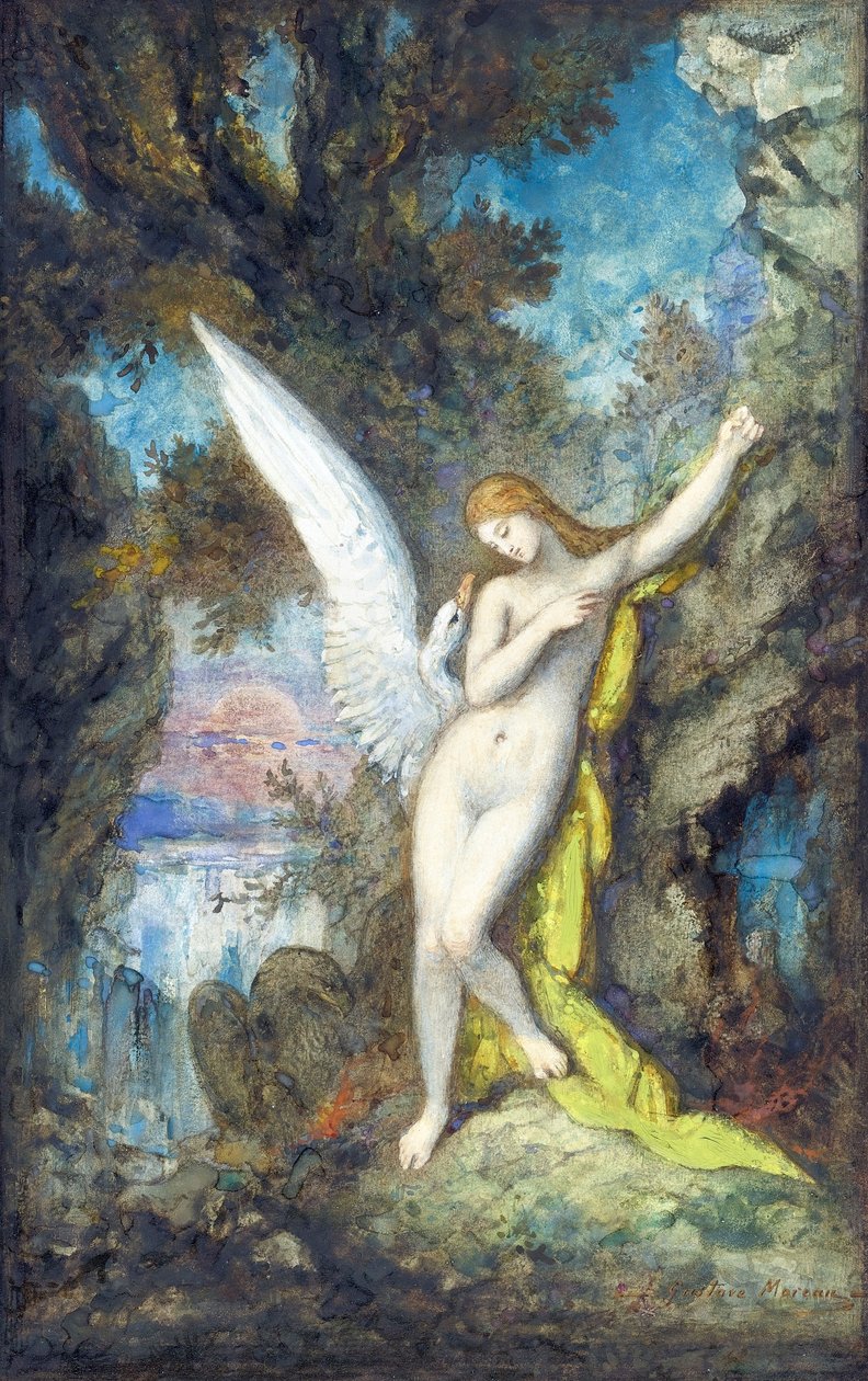 Leda és a hattyú par Moreau, Gustave (1826-1898), - Akvarell, Gouache, papír, 34,2x22,2 - Magángyűjtemény alkotó: Gustave Moreau