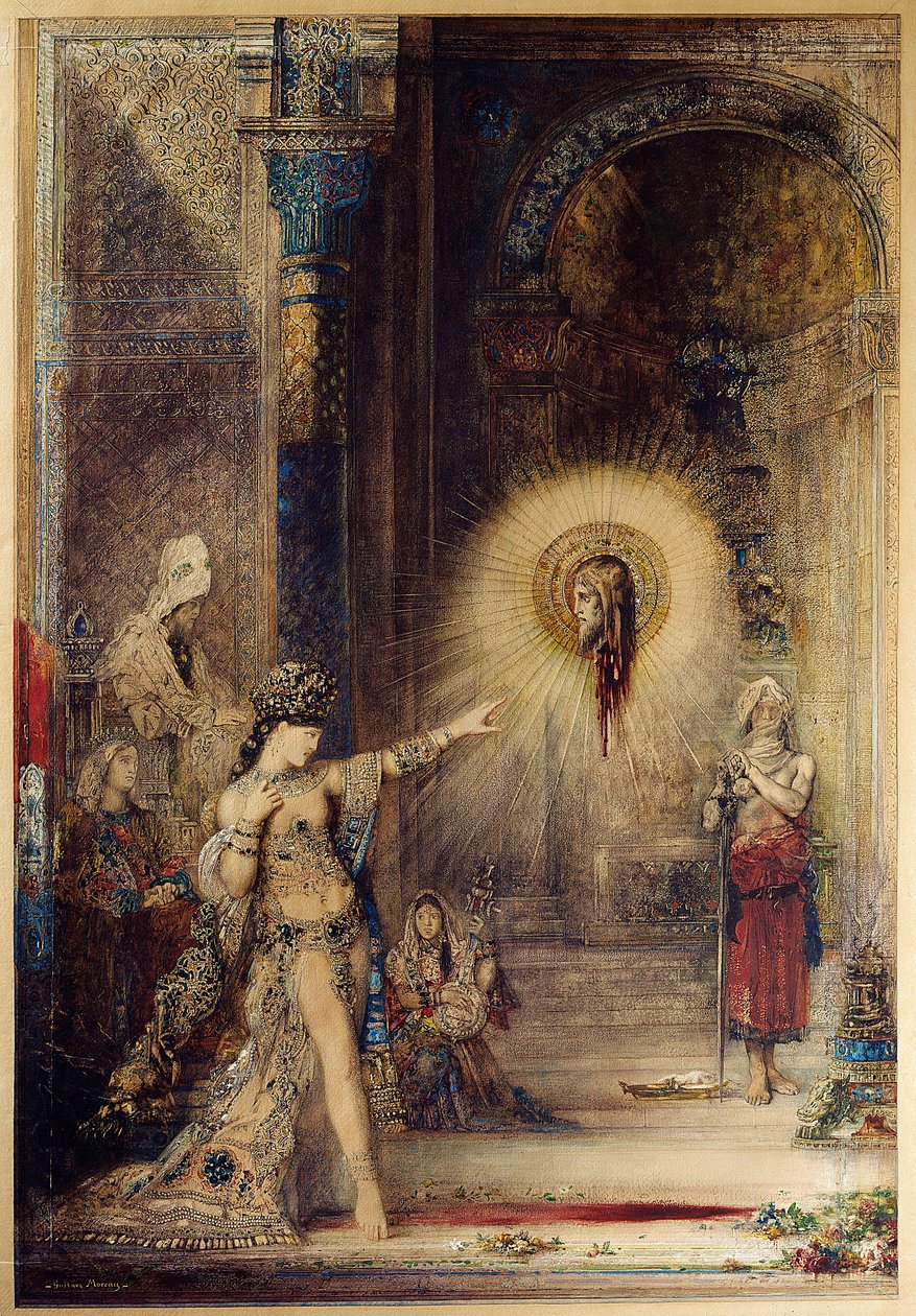 Jean Baptiste La tete decollee című darabja a táncos Salome előtt jelenik meg I. Nagy Heródes (Kr. e. 73-4) udvarában. Gustave Moreau (1826-1898) akvarellje 1876 V. 1,06 x 0,72 m. Párizs, Musee d