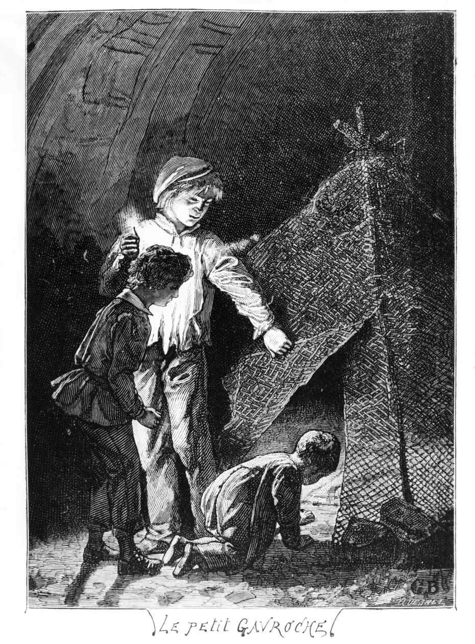 Gavroche és két testvére a Bastille-elefántban, Victor Hugo (1802-85) illusztrációja a Nyomorultak (1845-62) c. 1885 alkotó: Gustave after Brion
