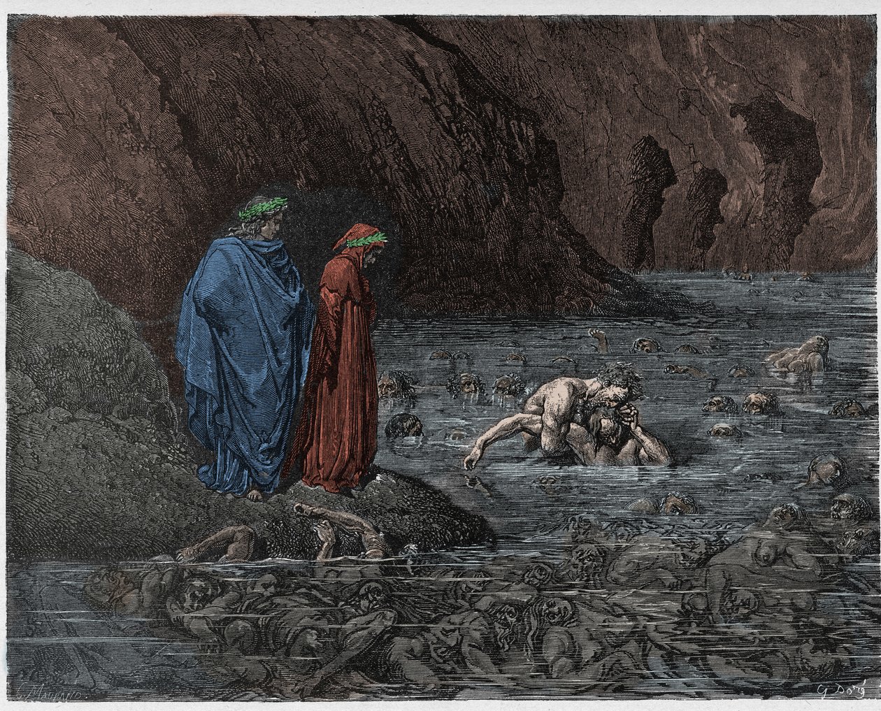 Inferno, 32. ének: Ugolino (Ugolin della Gherardesca) rágja Ruggieri érsek (Ruggeri Ubaldini) fejét, illusztráció Dante Alighieri Isteni színjátékából, 1885 (digitálisan színezett és alkotó: Gustave after Dore