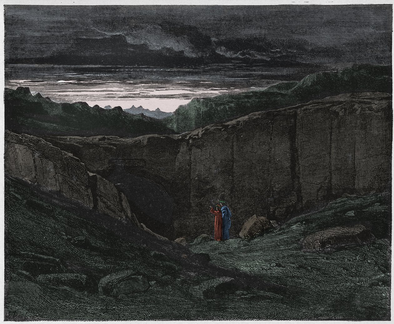 Inferno, 3. ének: Vergilius és Dante a pokol kapujában, illusztráció Dante Alighieri Isteni színjátékából, 1885 (digitálisan színes metszet) alkotó: Gustave after Dore