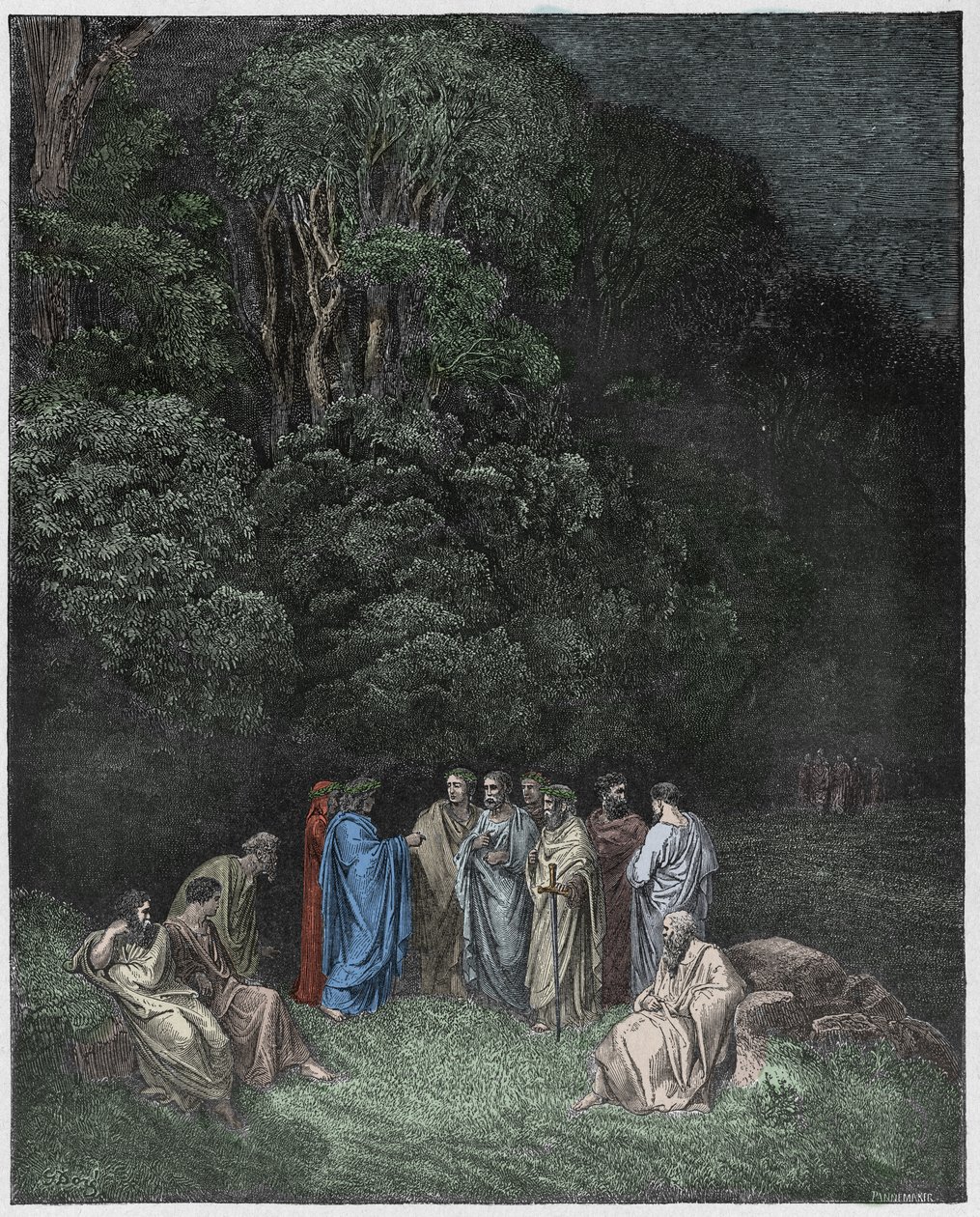 Inferno, 4. ének: Homérosz, a költők és hősök Limbóban, illusztráció Dante Alighieri Isteni színjátékából, 1885 (digitálisan színes metszet) alkotó: Gustave after Dore