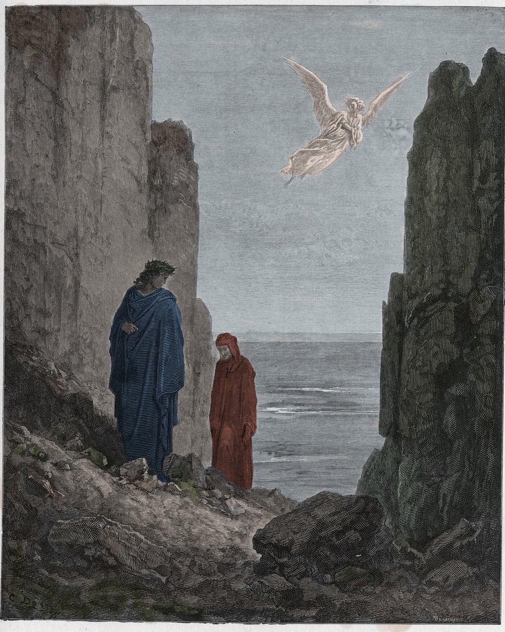 Purgatorio, 19. ének: A költők felmennek az ötödik körbe, illusztráció Dante Alighieri Isteni színjátékából, 1885 (digitálisan színes metszet) alkotó: Gustave after Dore