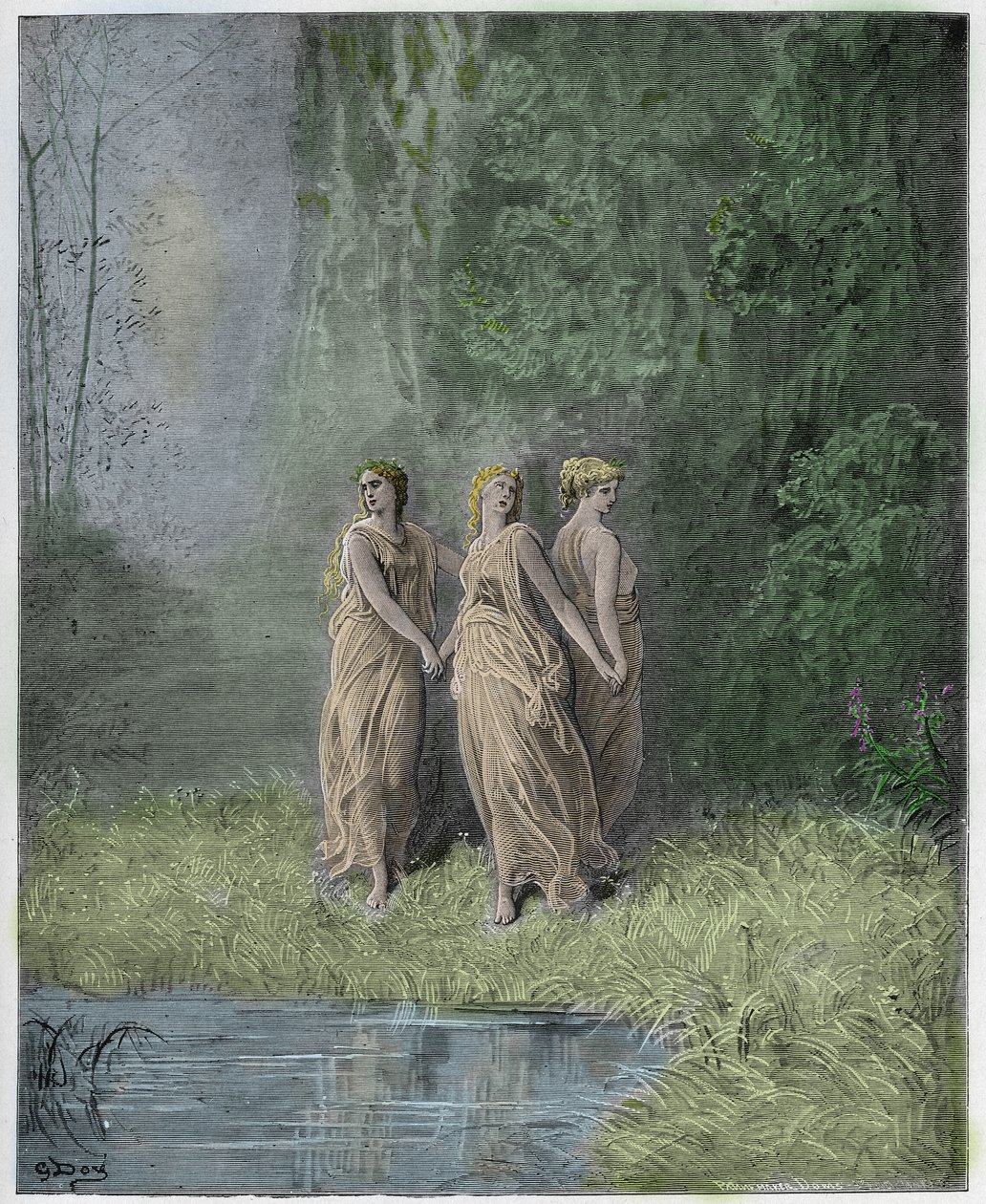 Purgatorio, 29. ének: Jótékonyság, remény és hit, illusztráció Dante Alighieri Isteni színjátékából, 1885 (digitálisan színes metszet) alkotó: Gustave after Dore