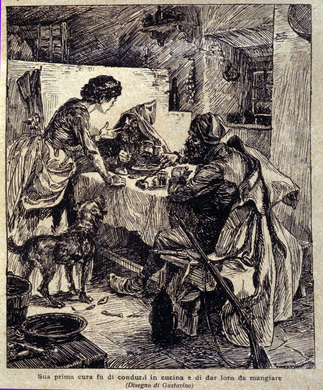 Az első gondja az volt, hogy kivigye őket a konyhába és megetesse őket... Illusztráció az új „” Colombáról”, amelyet Prosper Merimee írt. Gustavino (Gustavo Rosso) metszete (1881-1950), 1915 körül alkotó: Gustavo Gustavino Rosso