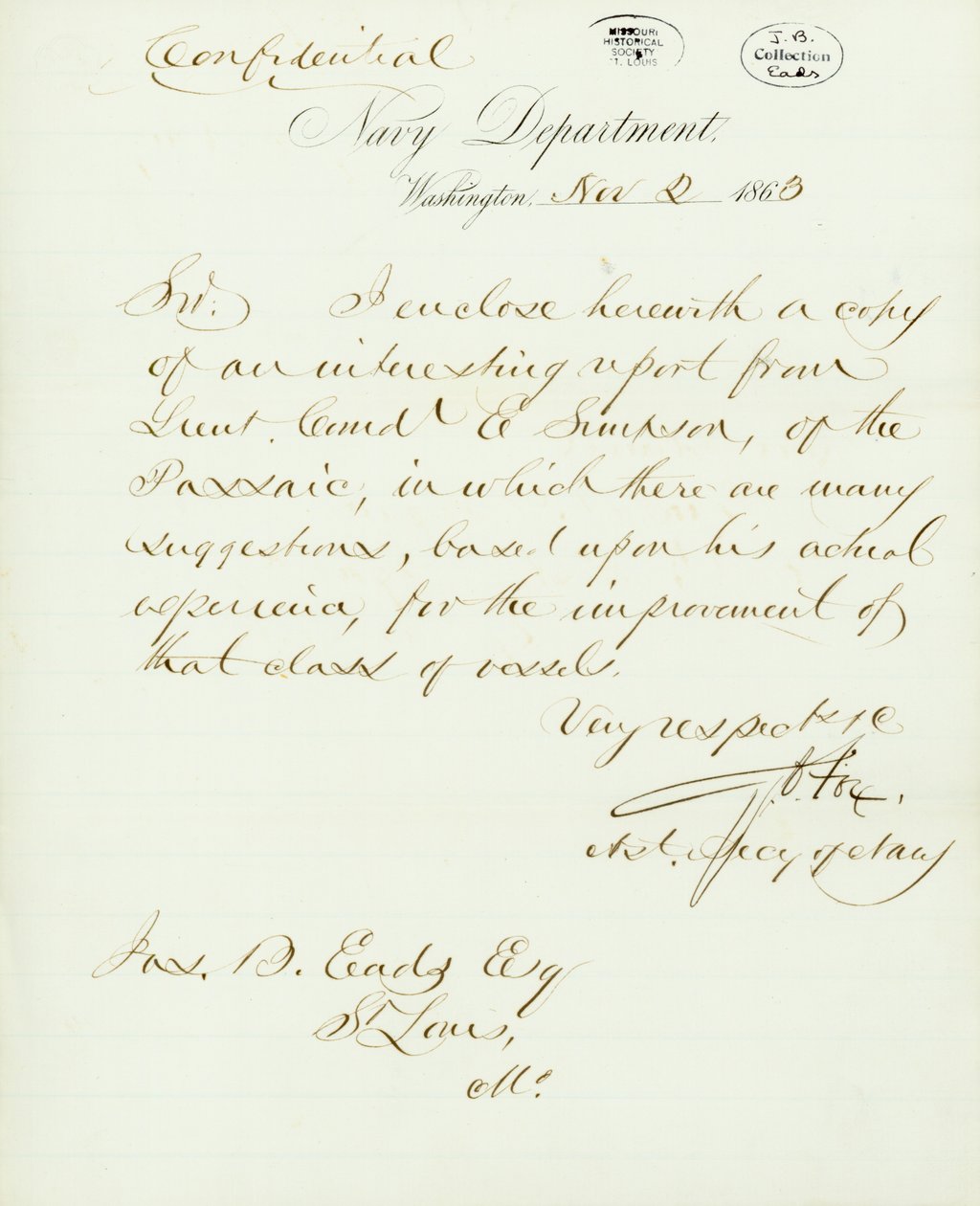 Levél aláírva G.V. Fox, Washington haditengerészeti osztálya, Jas -hoz. B. Eads [James B. Eads], St. Louis, Mo., 1863. november 2 alkotó: Gustavus Vasa Fox