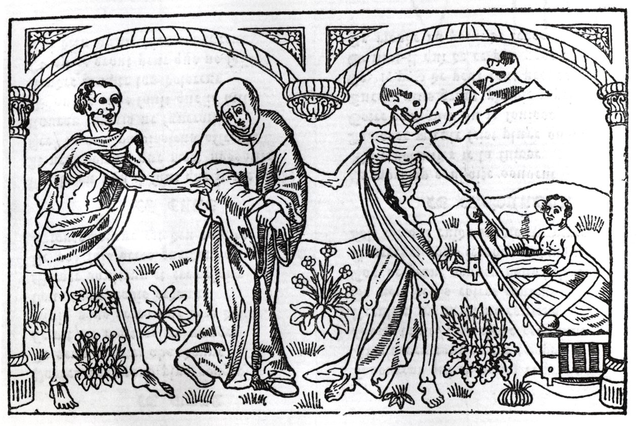 Halál elviszi a koldust és a gyermeket a Danse Macabre-ből, Párizs, 1485 alkotó: Guy Marchant