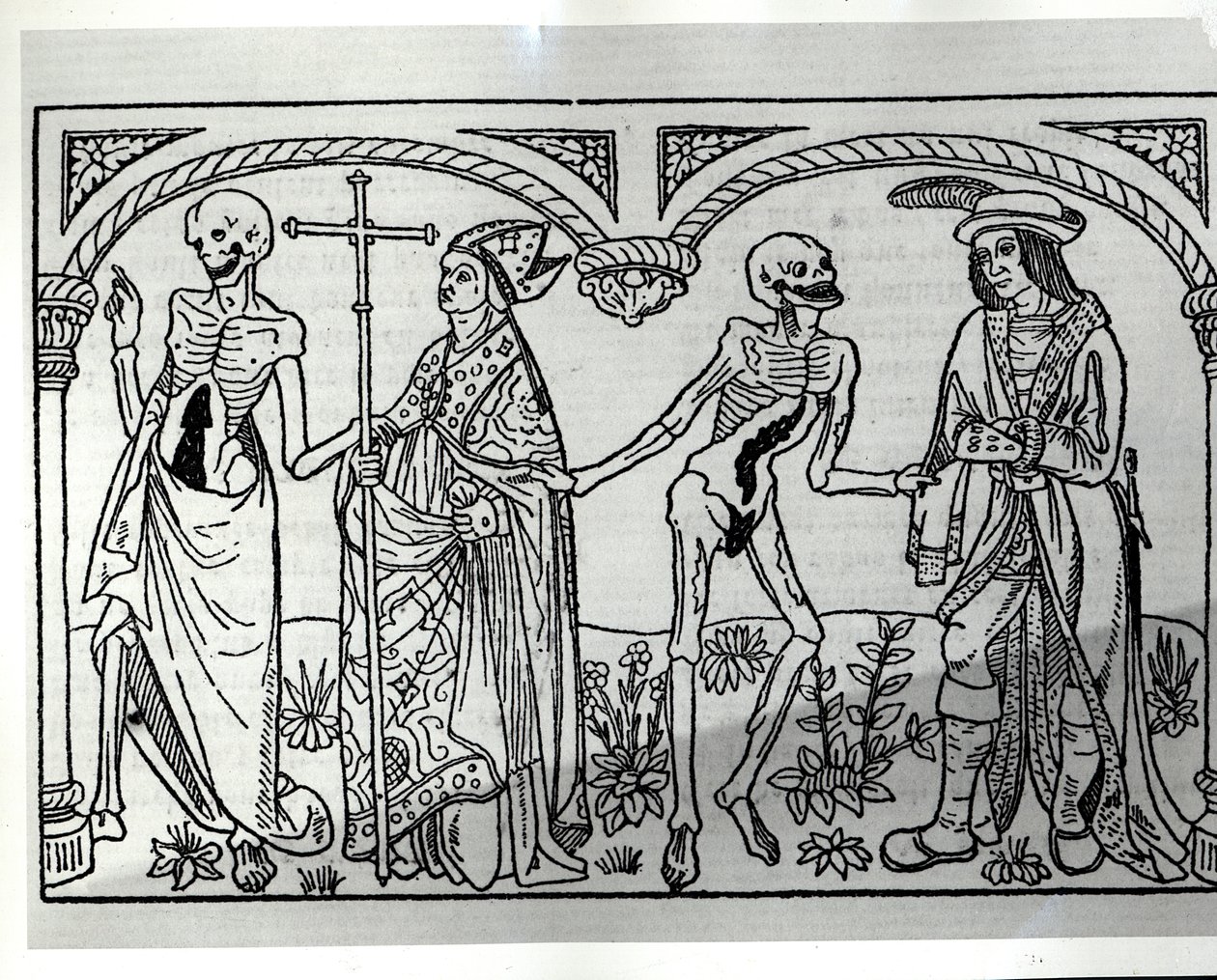 Halál elviszi a püspököt és a nemest, a Danse Macabre-ből, Párizs, 1485 alkotó: Guy Marchant