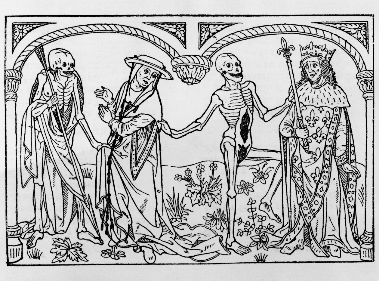 A halál elviszi a bíborost és a királyt a Danse Macabre-ből, Párizs, 1485 alkotó: Guy Marchant