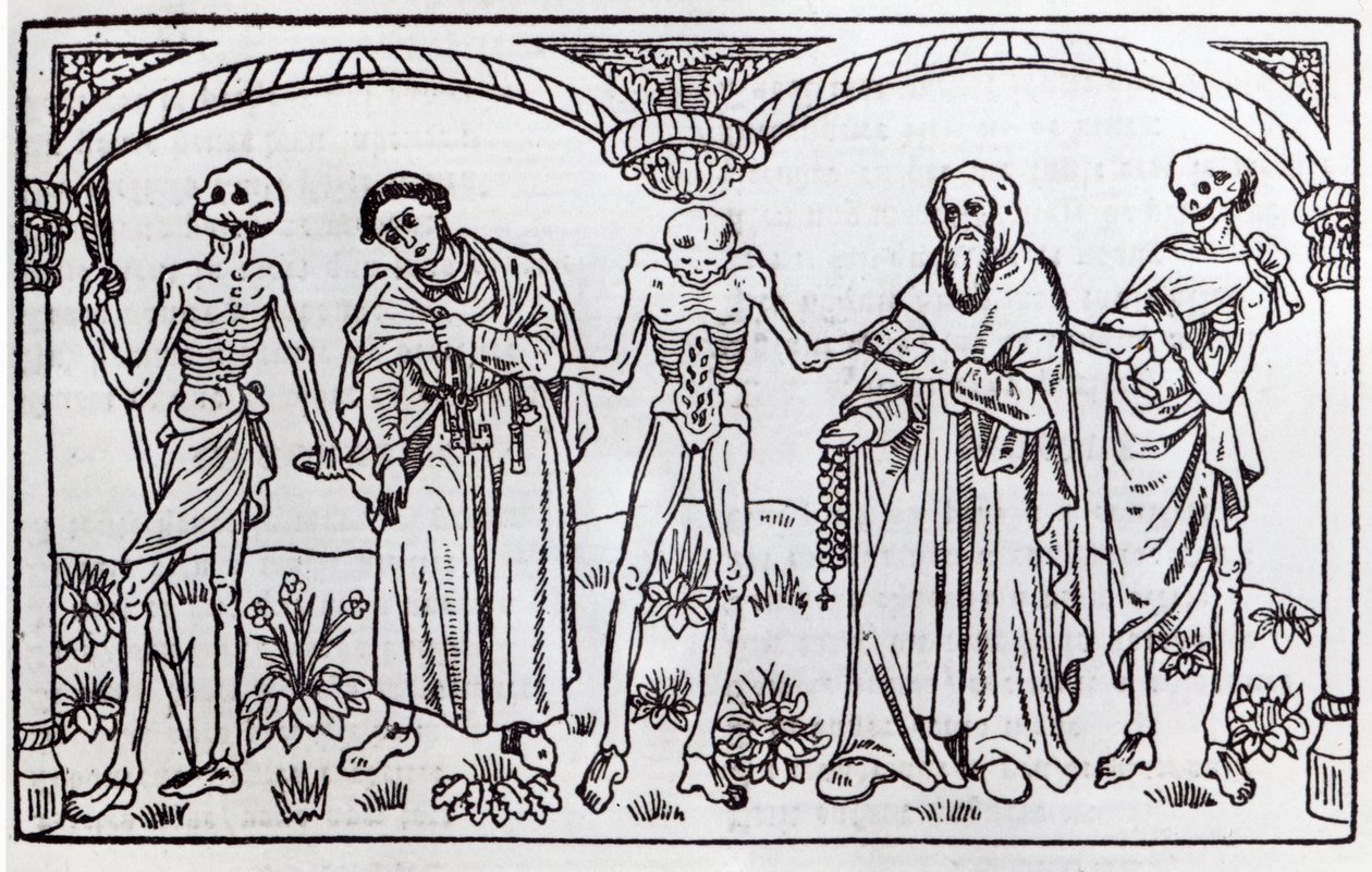 Halál elviszi a szerzetest és az apátot, a Danse Macabre-ből, Párizs, 1485 alkotó: Guy Marchant