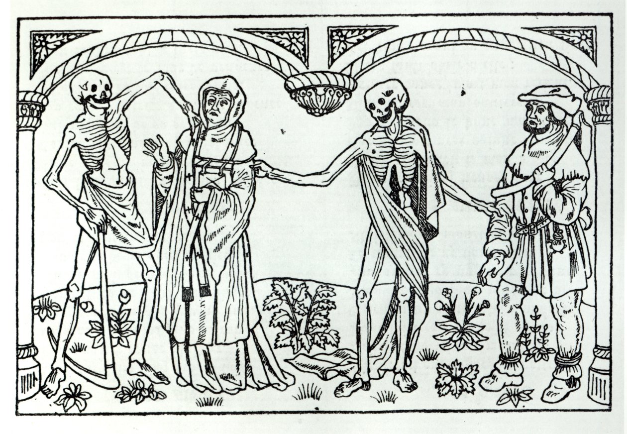 A halál elviszi a papot és a parasztot a Danse Macabre-ből, Párizs, 1485 alkotó: Guy Marchant