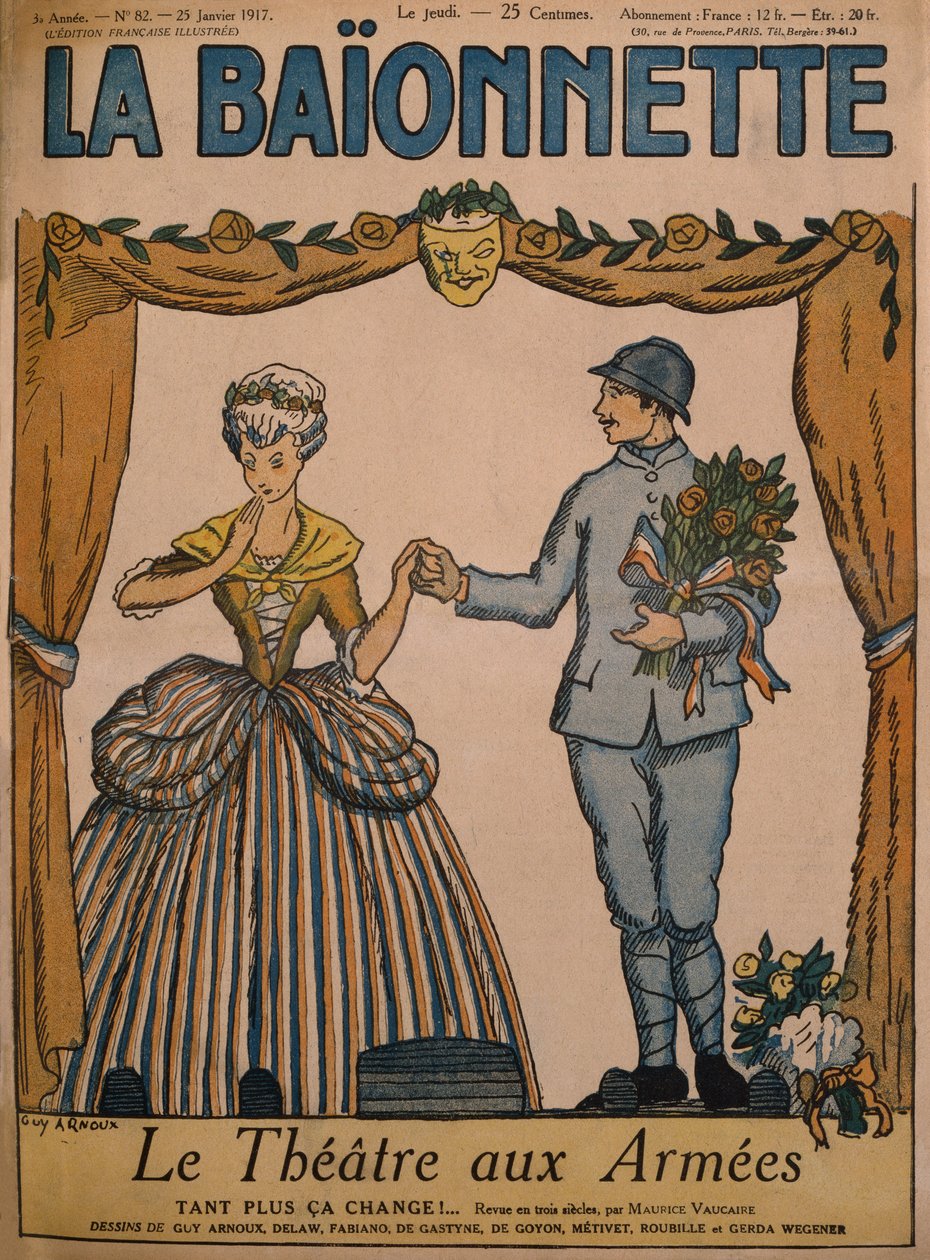 Theatre for the Armies, első borító-illusztráció a „La Baionnette”-ből, 82. szám, 1917. január 25. (színes litó) alkotó: Guy Arnoux