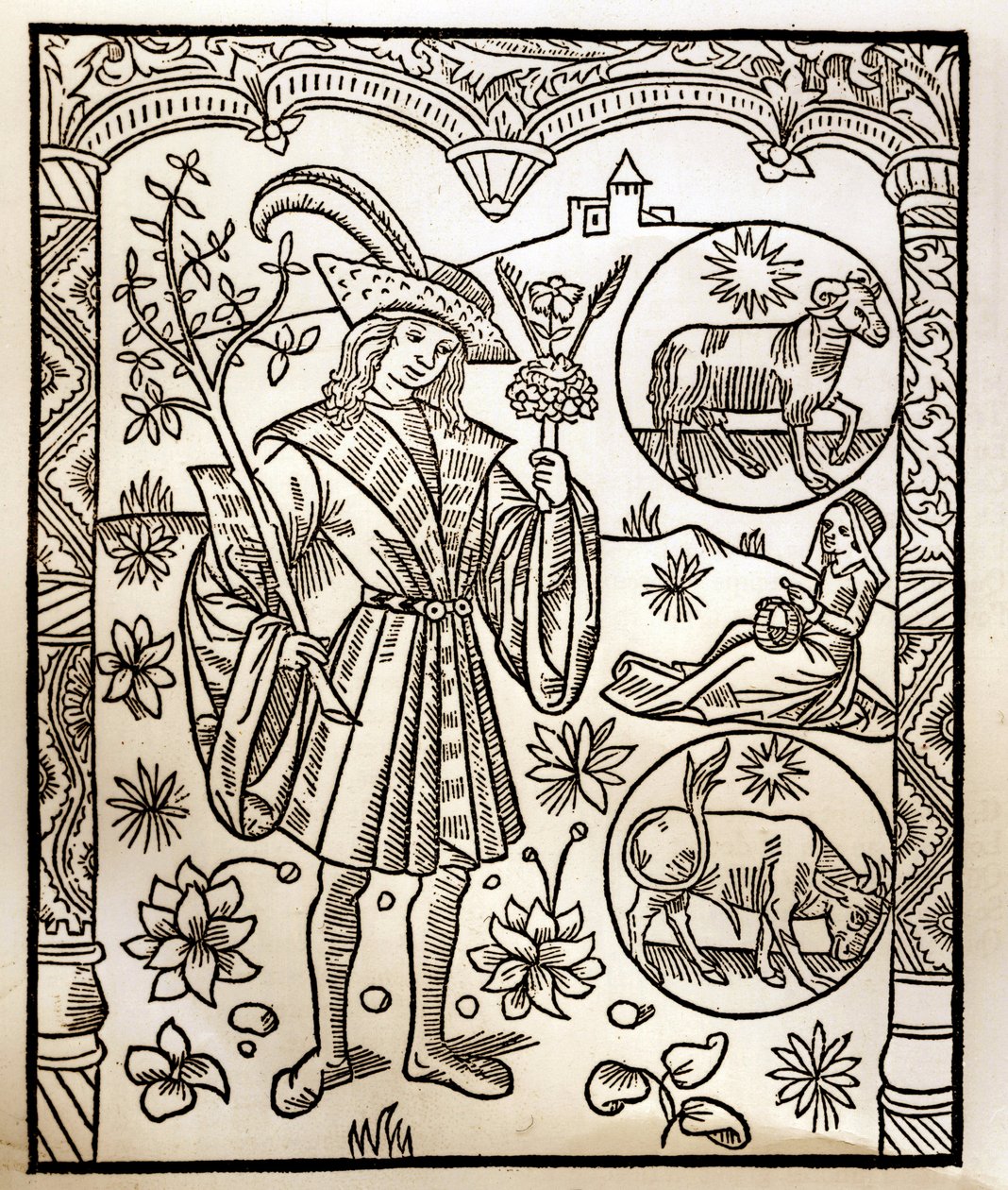 Pásztornaptár - A hónapok munkája - április - Fametszet a Guy Marchant (Guido Mercator) által Troyes-ban nyomtatott 1496-os könyvből - Fametszet a „Le grand Calendrier et compost des shepherds”-ben - alkotó: Guy Marchant