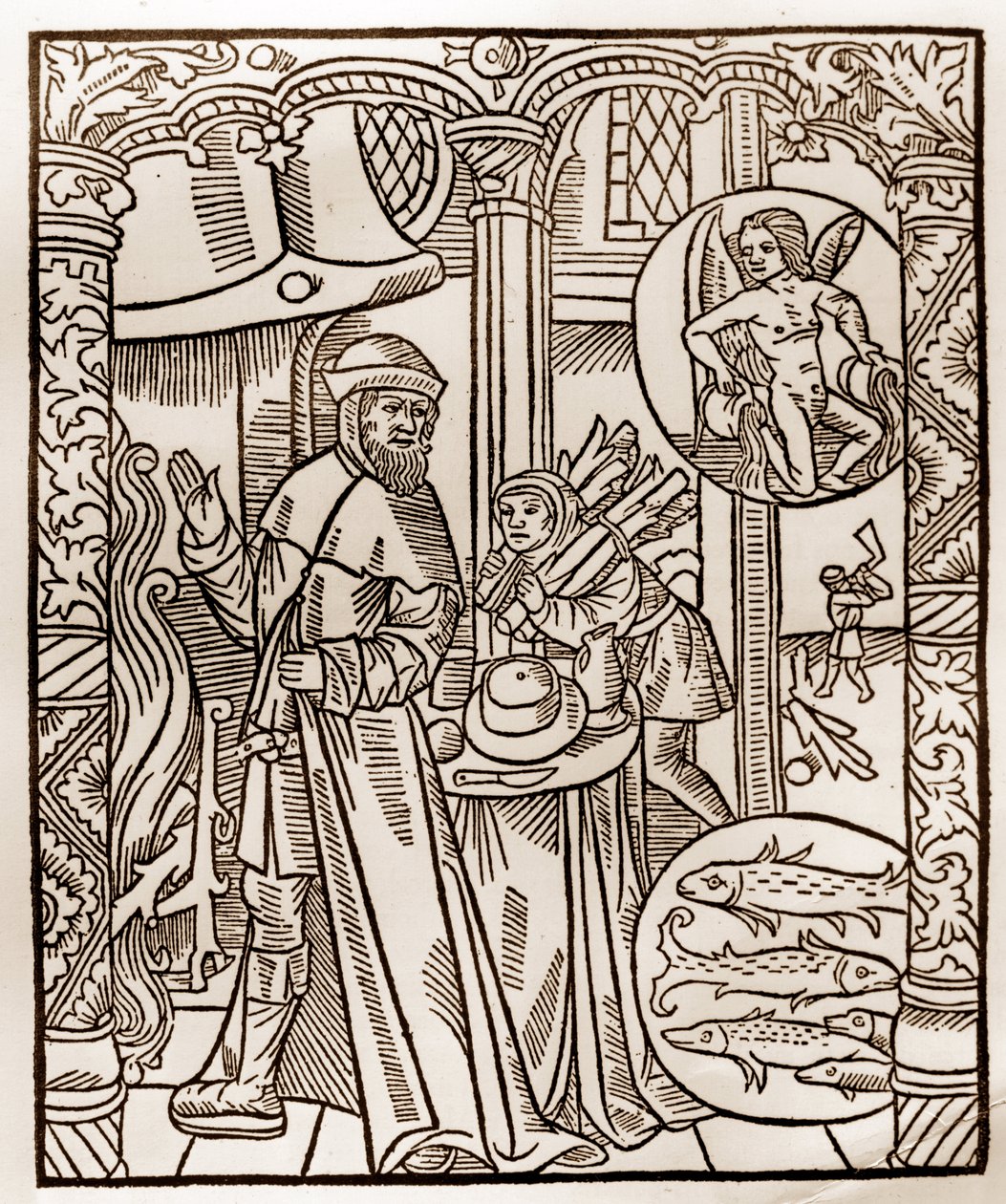 Pásztornaptár – A hónapok munkája – február – Guy Marchant (Guido Mercator) által Troyes-ban nyomtatott 1496-os könyvből fametszet – Fametszet a „” Le grand Calendrier et compost des shepherds”-ben” alkotó: Guy Marchant
