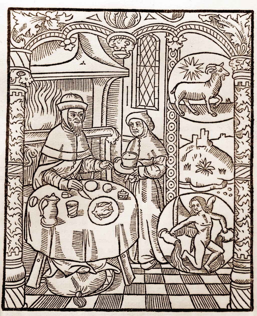 Pásztornaptár – A hónapok munkája – január – Guy Marchant (Guido Mercator) által Troyes-ban nyomtatott 1496-os könyvből fametszet – Fametszet a „Le grand Calendrier et compost des shepherds”-ben – alkotó: Guy Marchant